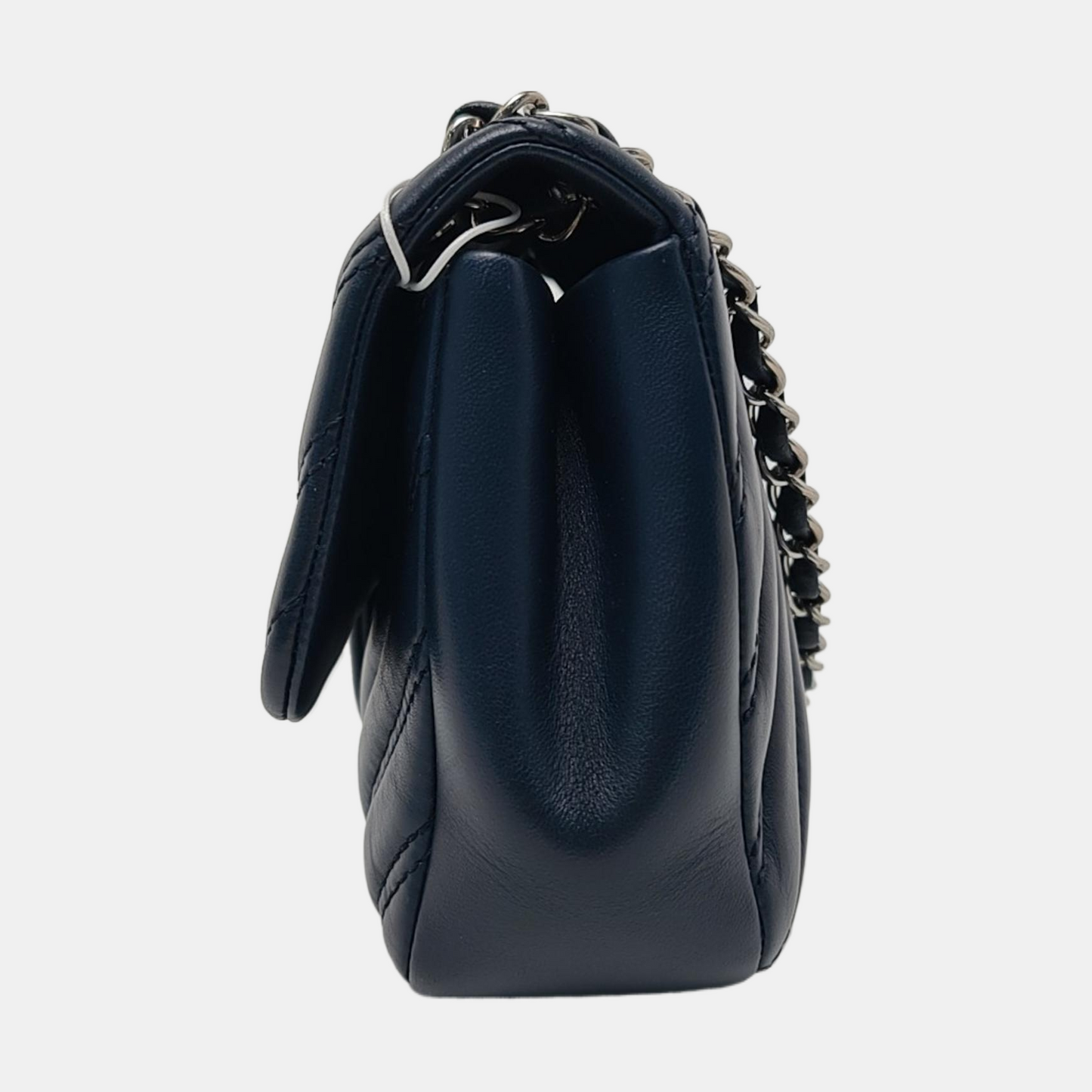 CHANEL CLASSIC FLAP Medium-sized Deep Blue Lamb Skin Quilted V Pattern Crossbody Bag Shoulder Bag 21 Clasp Silver Hardware-(SKU)-960583335