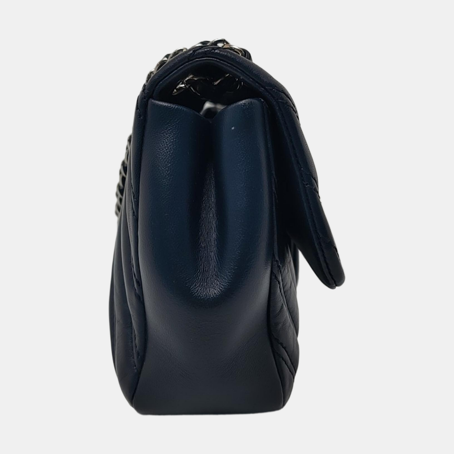 CHANEL CLASSIC FLAP Medium-sized Deep Blue Lamb Skin Quilted V Pattern Crossbody Bag Shoulder Bag 21 Clasp Silver Hardware-(SKU)-960583335