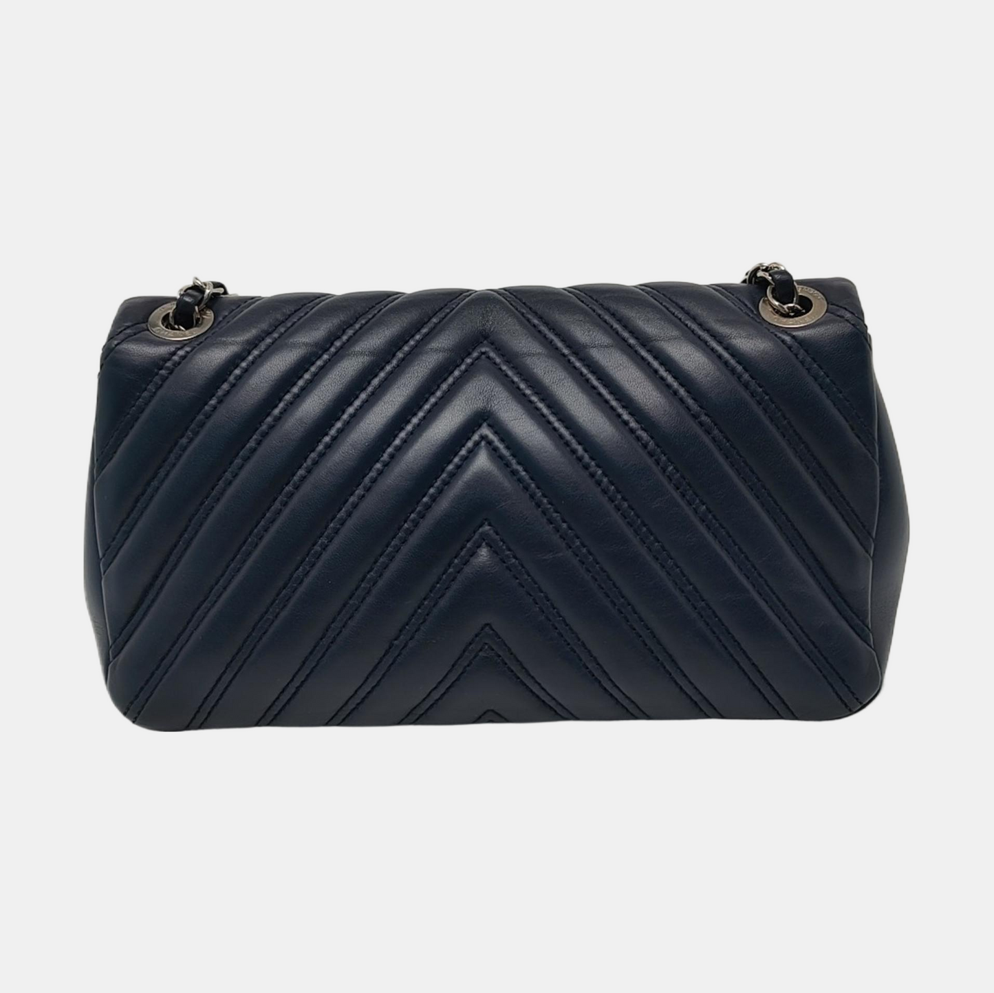 CHANEL CLASSIC FLAP Medium-sized Deep Blue Lamb Skin Quilted V Pattern Crossbody Bag Shoulder Bag 21 Clasp Silver Hardware-(SKU)-960583335
