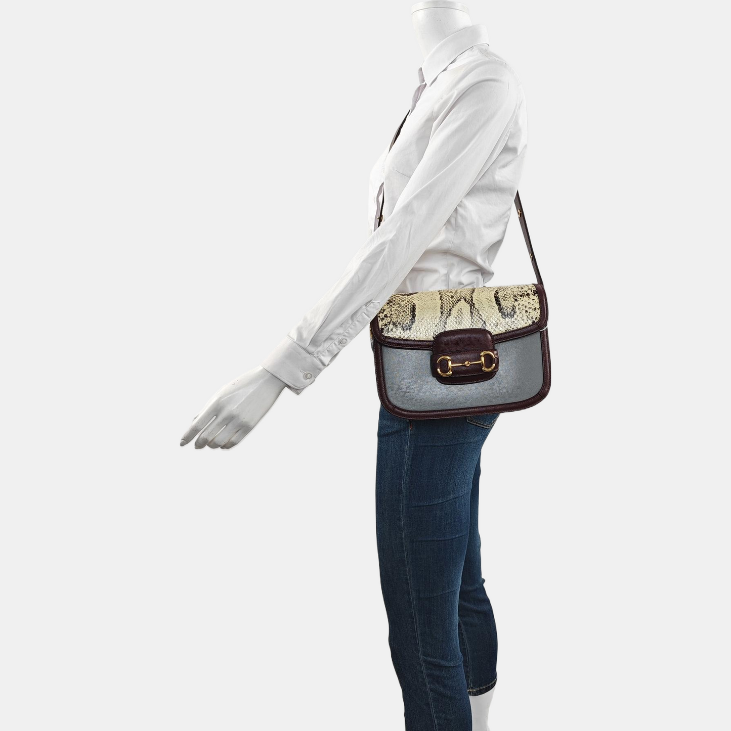 GUCCI Horsebit 1955 Small Beige Snake Calfskin Horsebit Single Shoulder Bag Crossbody Bag Gold Hardware-(SKU)-961038662