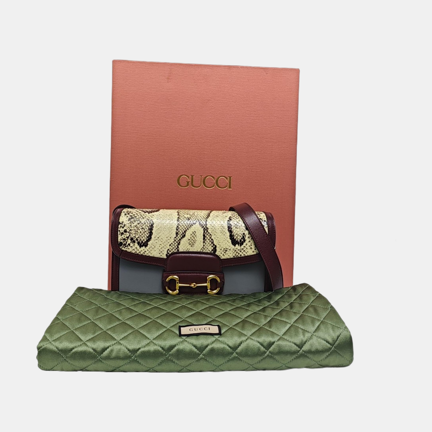 GUCCI Horsebit 1955 Small Beige Snake Calfskin Horsebit Single Shoulder Bag Crossbody Bag Gold Hardware-(SKU)-961038662