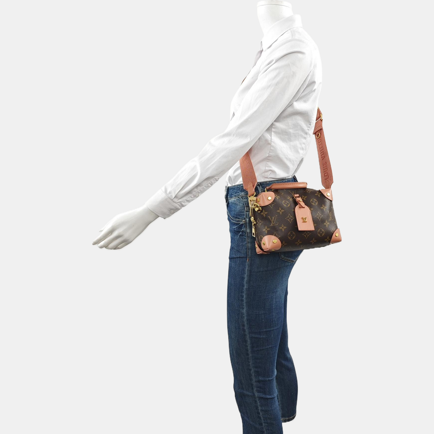 LOUIS VUITTON PETITE MALLE Brown Coated Canvas Monogram Single Shoulder Bag Handbag Sling Bag Gold Hardware 2 Removable Straps-(SKU)-961045725