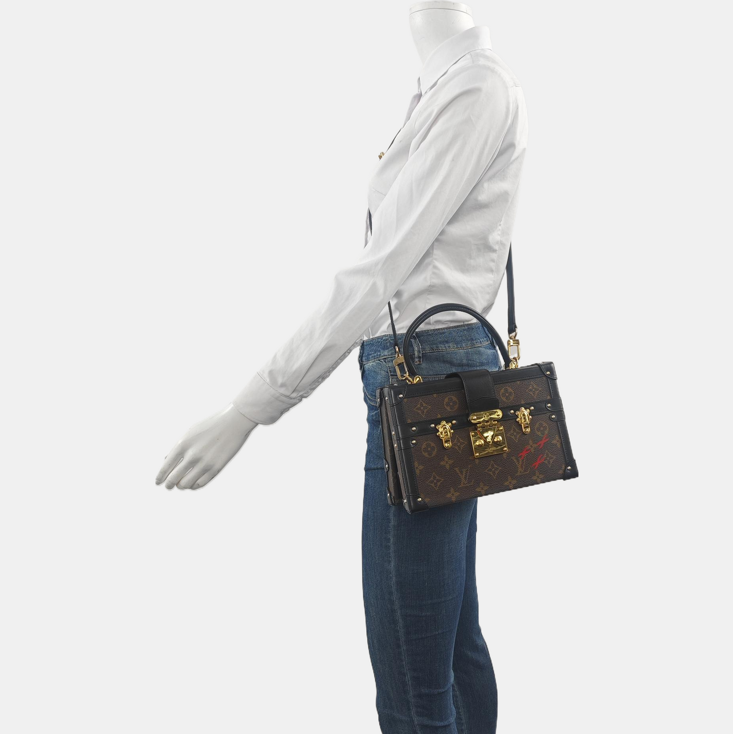 LOUIS VUITTON PETITE MALLE Brown Coated Canvas Monogram Printed Crossbody Bag Shoulder Bag Handbag Detachable Strap Golden Hardware Detachable Strap Pockets Complete Accessories-(SKU)-961044267