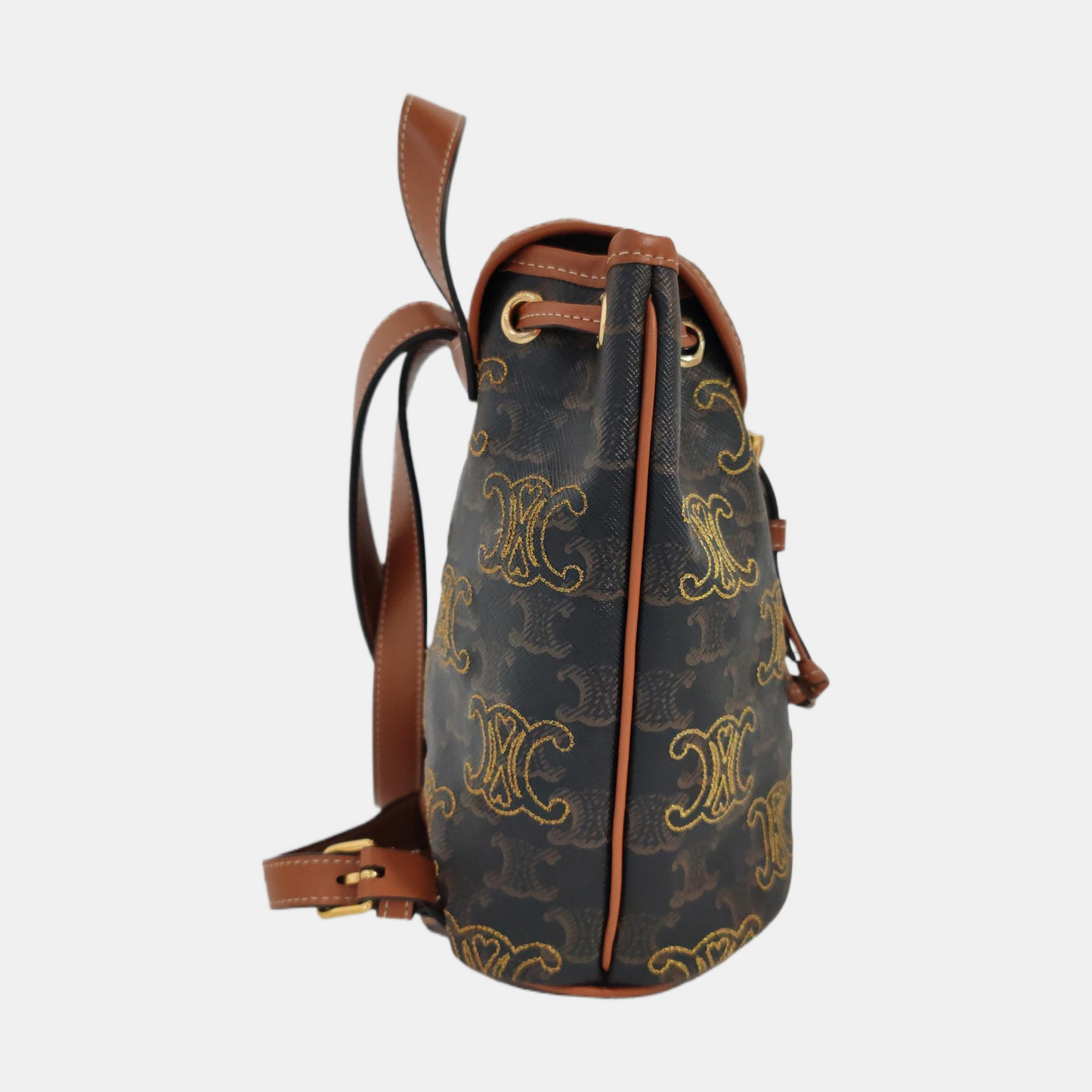 CELINE TRIOMPHE Mini Brown Coated Canvas Triomphe Double Shoulder Bag Tote with Gold Hardware-(SKU)-961047540