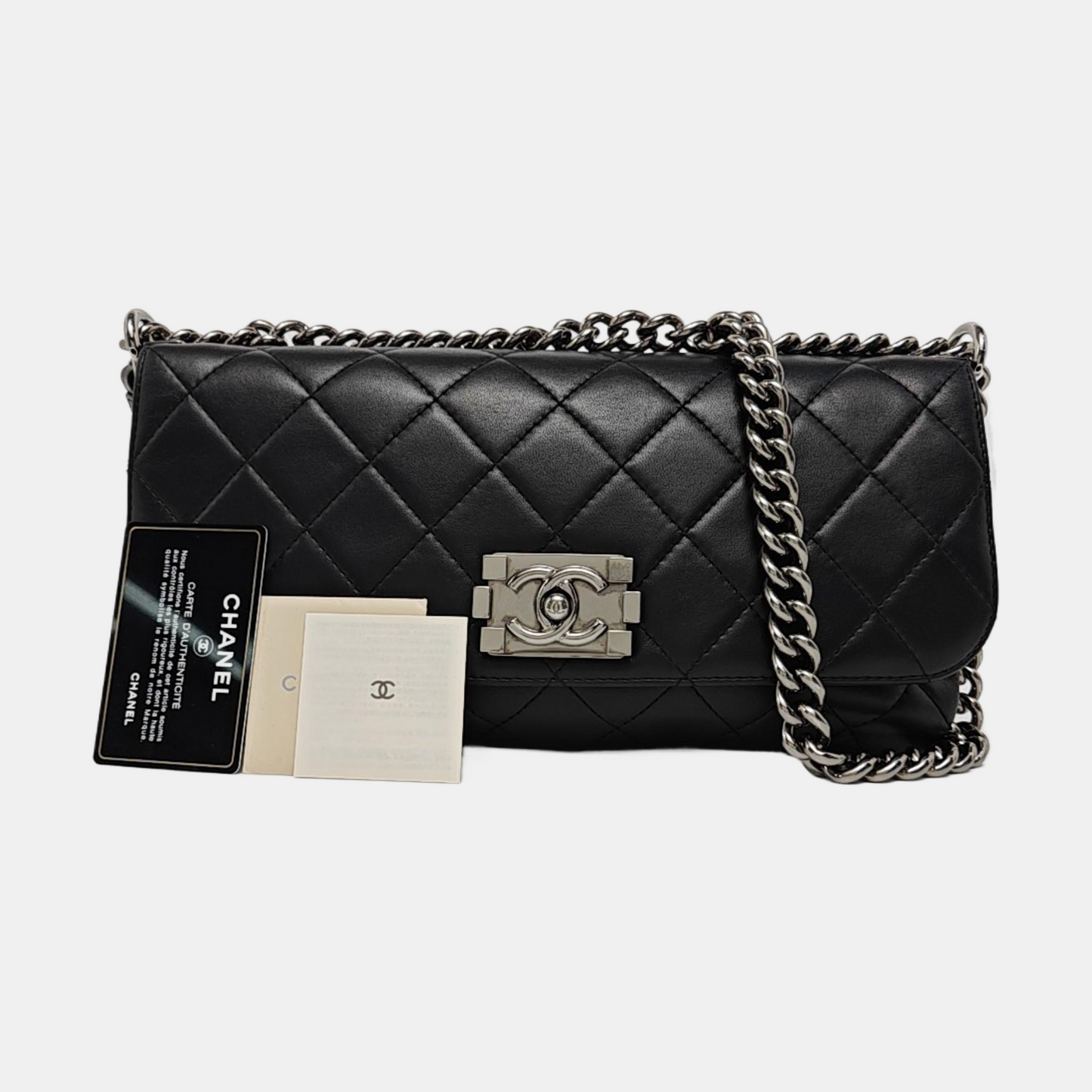 CHANEL BOY CHANEL Black Lamb Skin Quilted Single Shoulder Bag with Silver Hardware, 16 Clasp-(SKU)-961049514