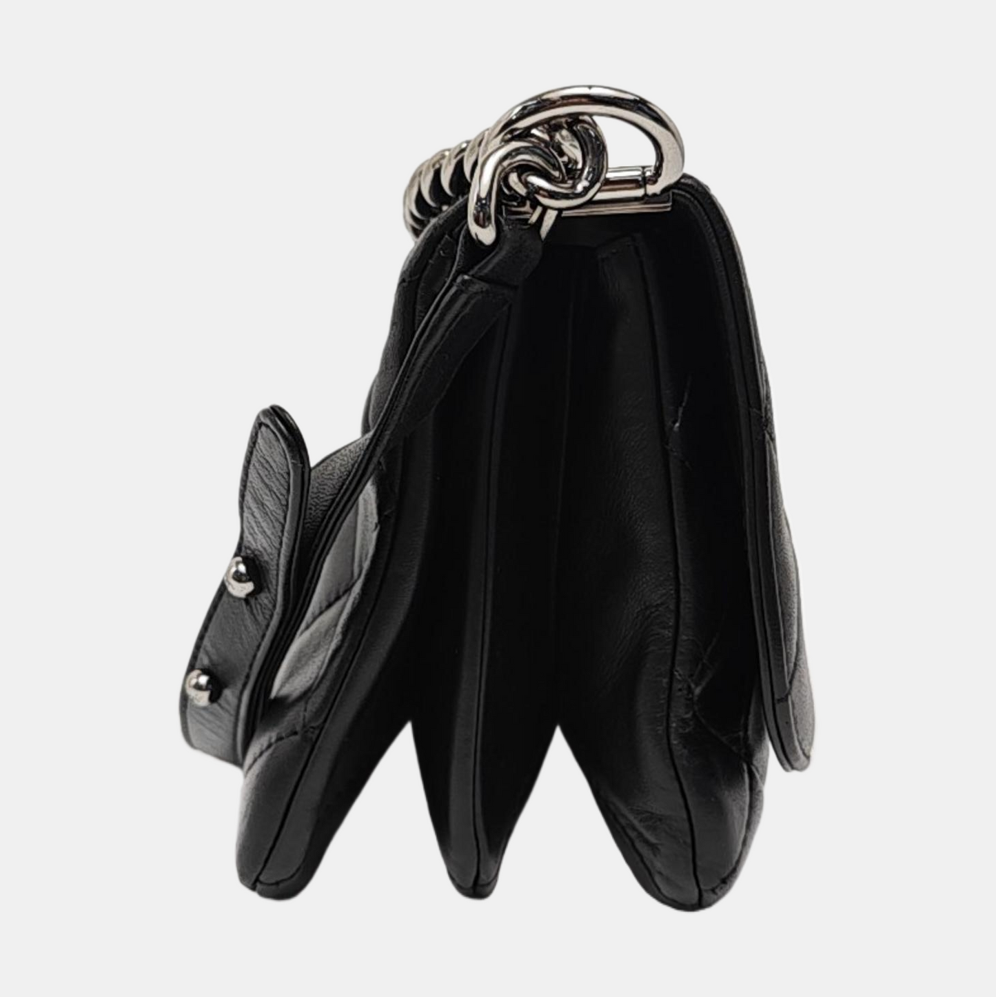 CHANEL BOY CHANEL Black Lamb Skin Quilted Single Shoulder Bag with Silver Hardware, 16 Clasp-(SKU)-961049514