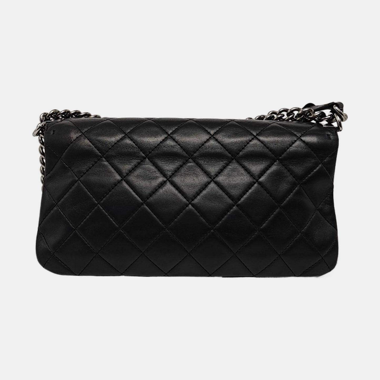 CHANEL BOY CHANEL Black Lamb Skin Quilted Single Shoulder Bag with Silver Hardware, 16 Clasp-(SKU)-961049514