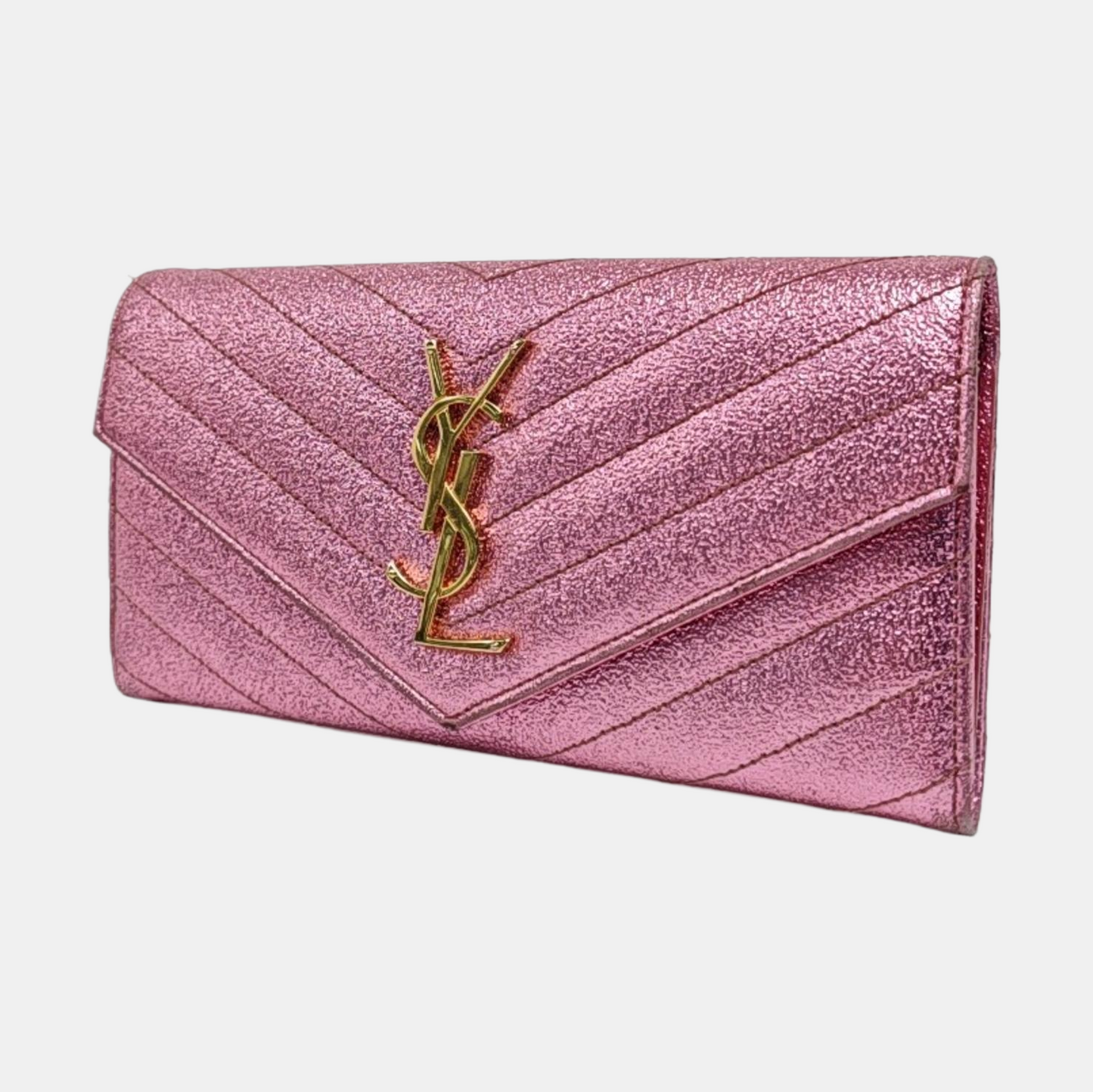 YSL MONOGRAM 粉色牛皮绗缝V纹钱包 Golden hardware Complete Accessories-(SKU)-957647456
