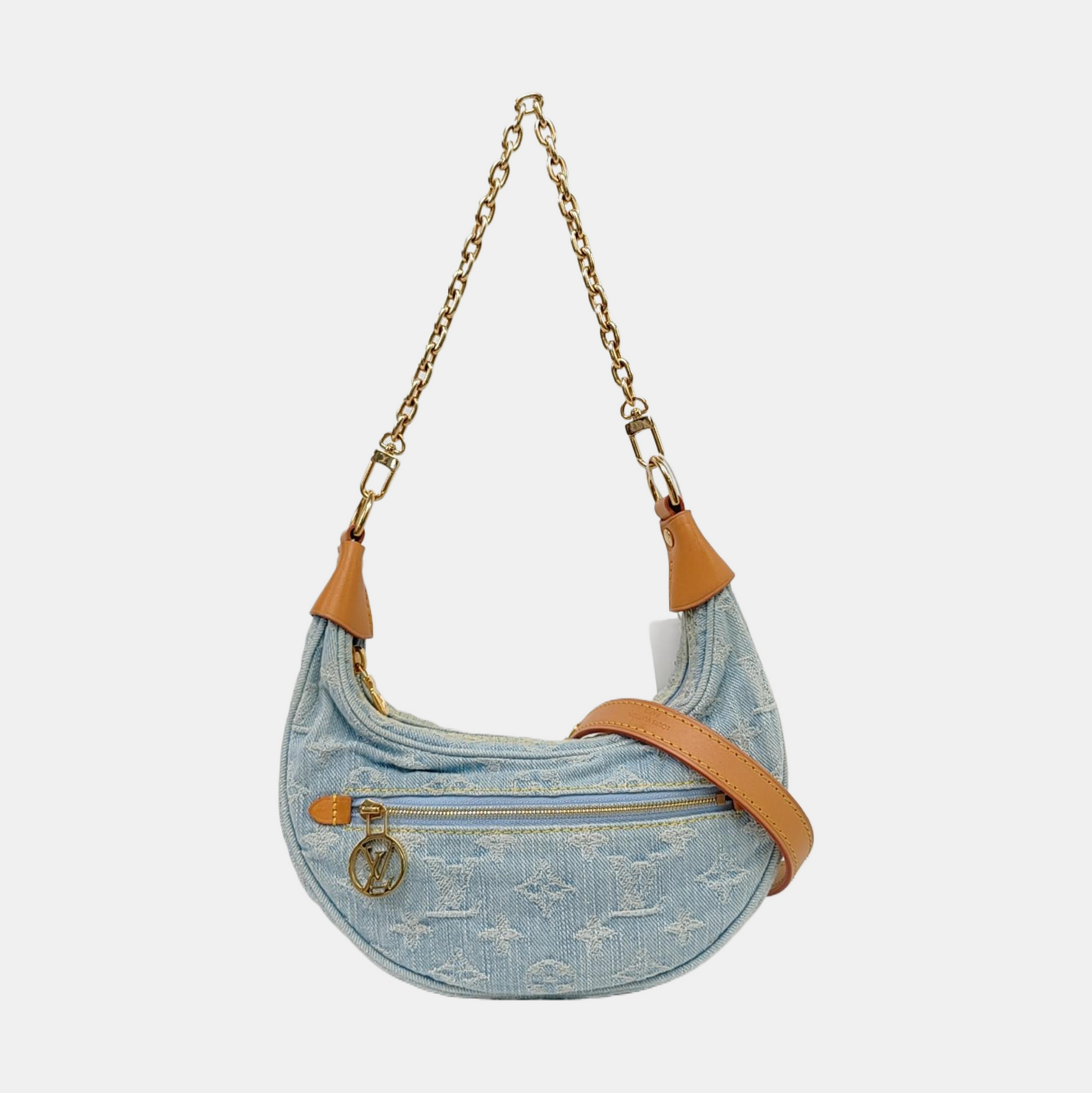 LOUIS VUITTON LOOP Light Blue Denim Monogram Embroidered Crescent Bag Crossbody Shoulder Bag Gold Hardware 2 Removable Straps-(SKU)-961361306