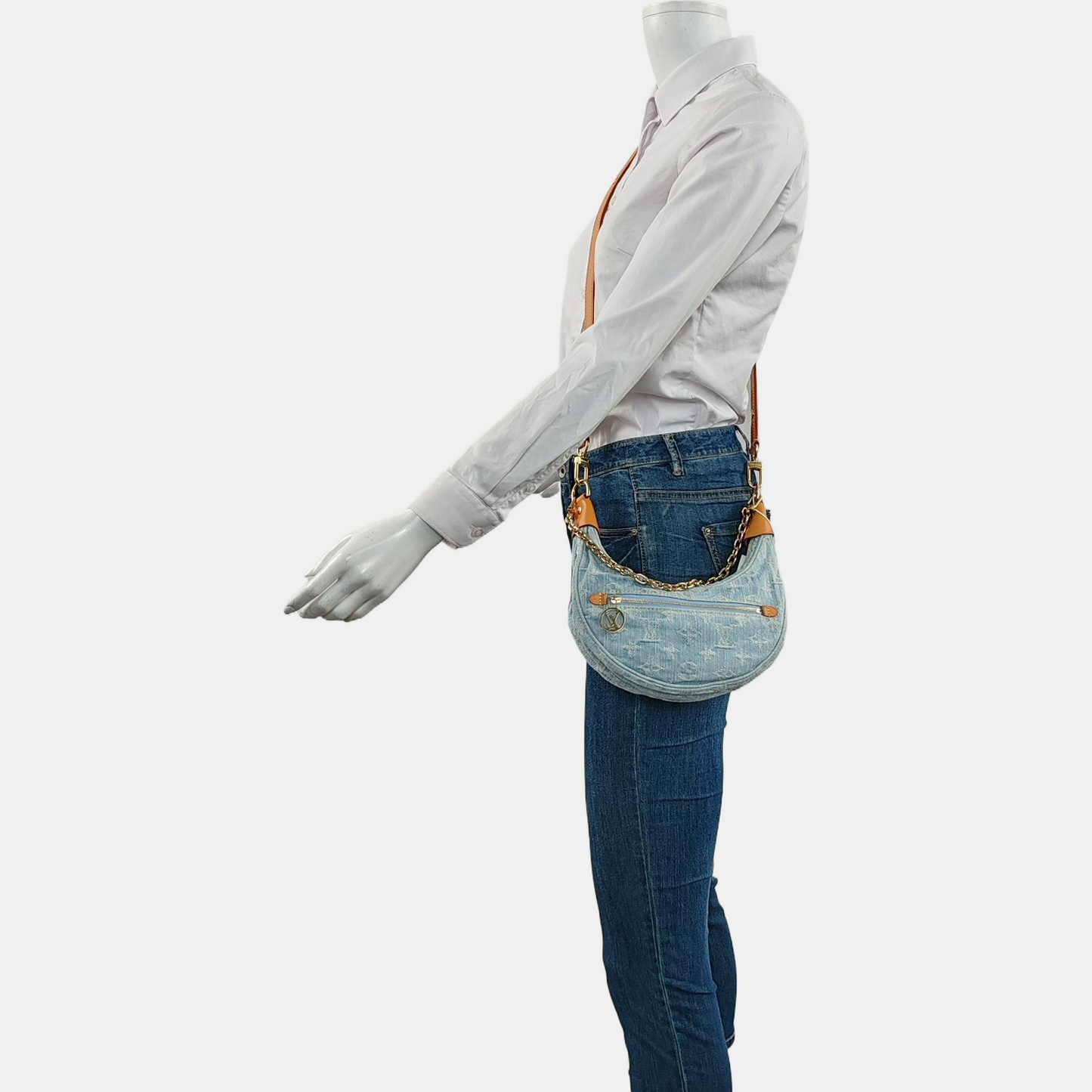LOUIS VUITTON LOOP Light Blue Denim Monogram Embroidered Crescent Bag Crossbody Shoulder Bag Gold Hardware 2 Removable Straps-(SKU)-961361306