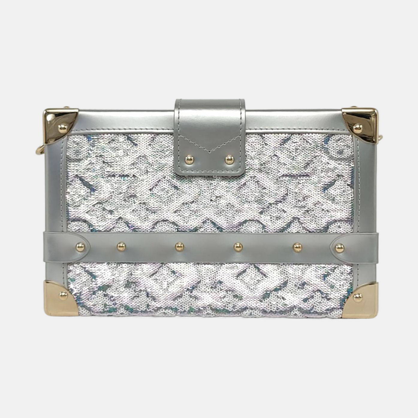 LOUIS VUITTON PETITE MALLE Silver Satin Shoulder Bag Crossbody Golden Hardware Removable Shoulder Strap Complete Accessories-(SKU)-961332912