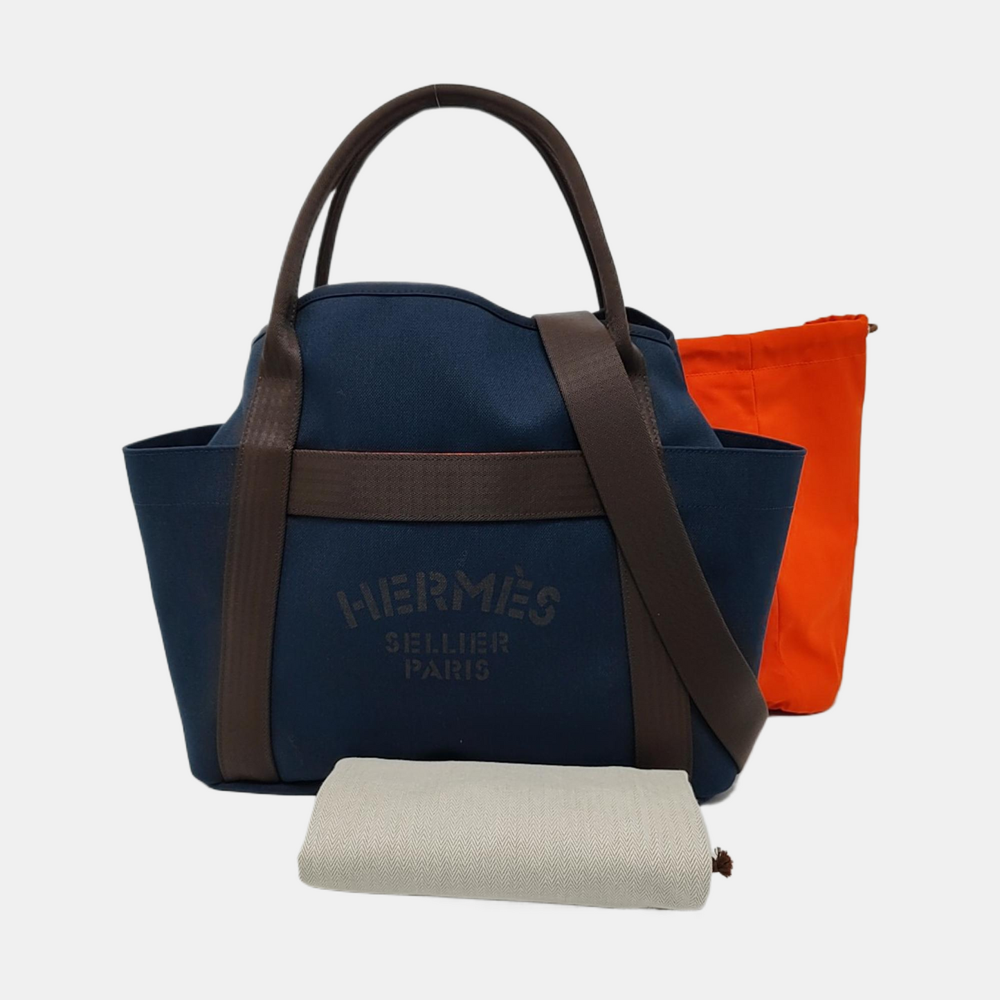 HERMÈS Sac De Pansage 38 Deep Blue Canvas Crossbody Shoulder Bag Tote Bag Silver Hardware U Engraving Removable Shoulder Strap-(SKU)-961484827