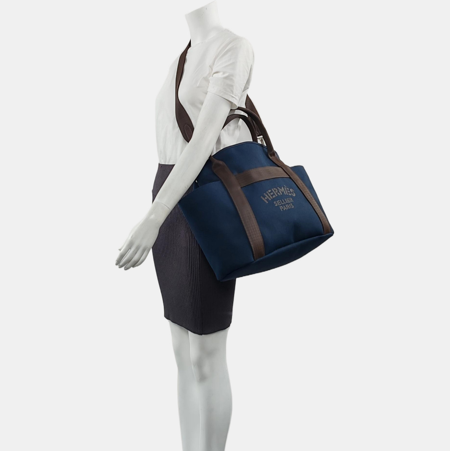 HERMÈS Sac De Pansage 38 Deep Blue Canvas Crossbody Shoulder Bag Tote Bag Silver Hardware U Engraving Removable Shoulder Strap-(SKU)-961484827