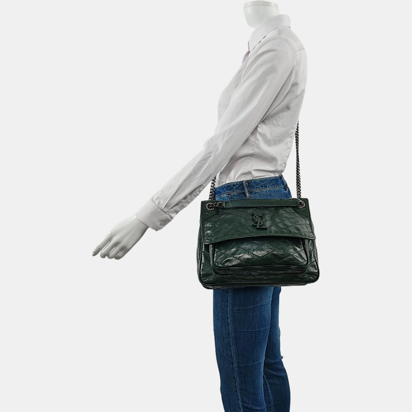YSL NIKI Medium Size Dark Green Calf Leather V-Stitch Crinkle Single Shoulder Bag Crossbody Bag Black Hardware-(SKU)-961734723