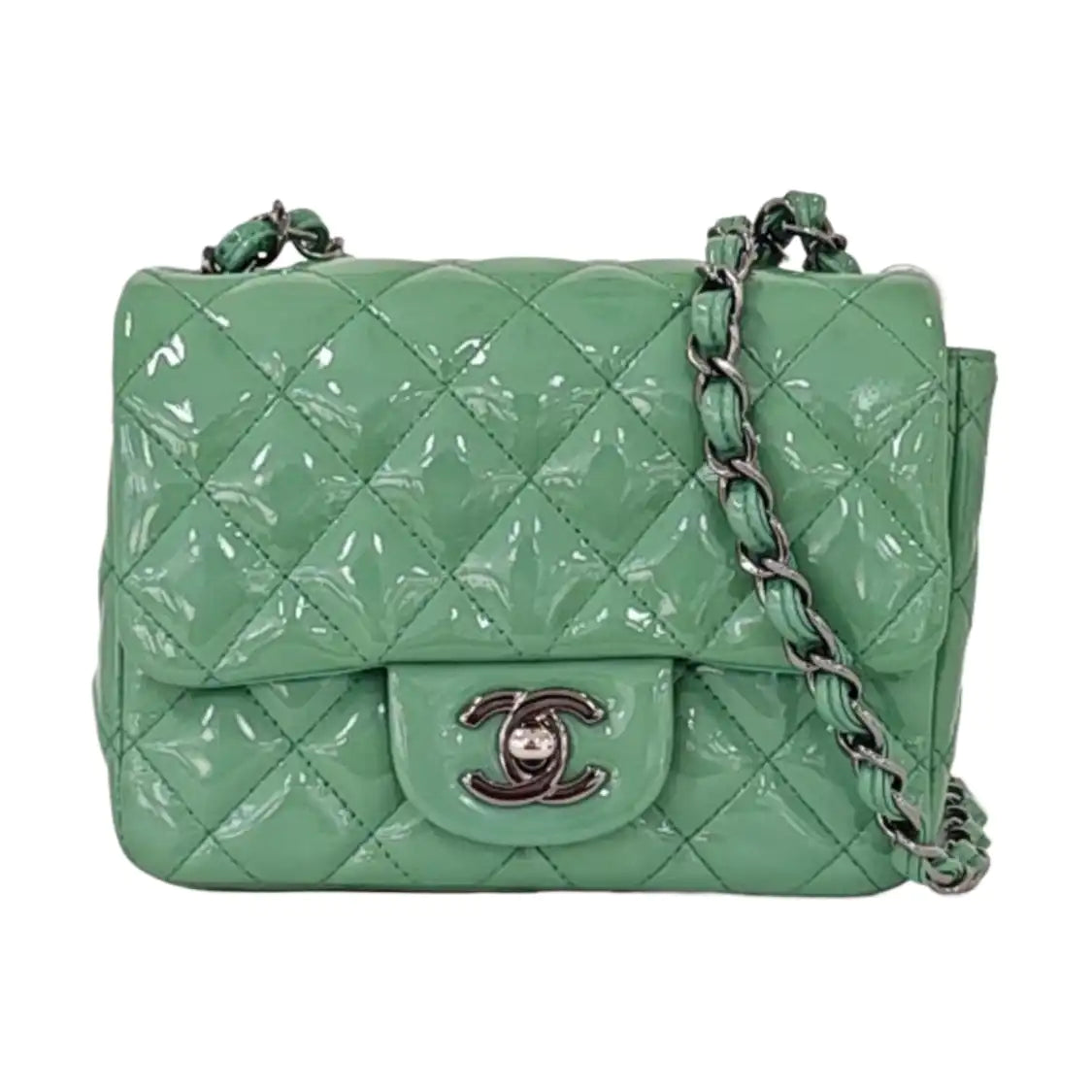CHANEL CLASSIC FLAP Mini Green Patent Leather Diamond Quilted Square Crossbody Bag Shoulder Bag Silver Hardware 17 Opening-(SKU)-961809465