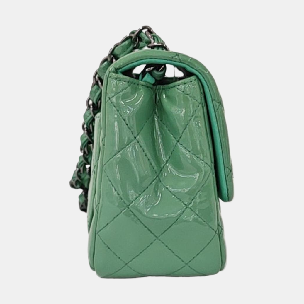 CHANEL CLASSIC FLAP Mini Green Patent Leather Diamond Quilted Square Crossbody Bag Shoulder Bag Silver Hardware 17 Opening-(SKU)-961809465