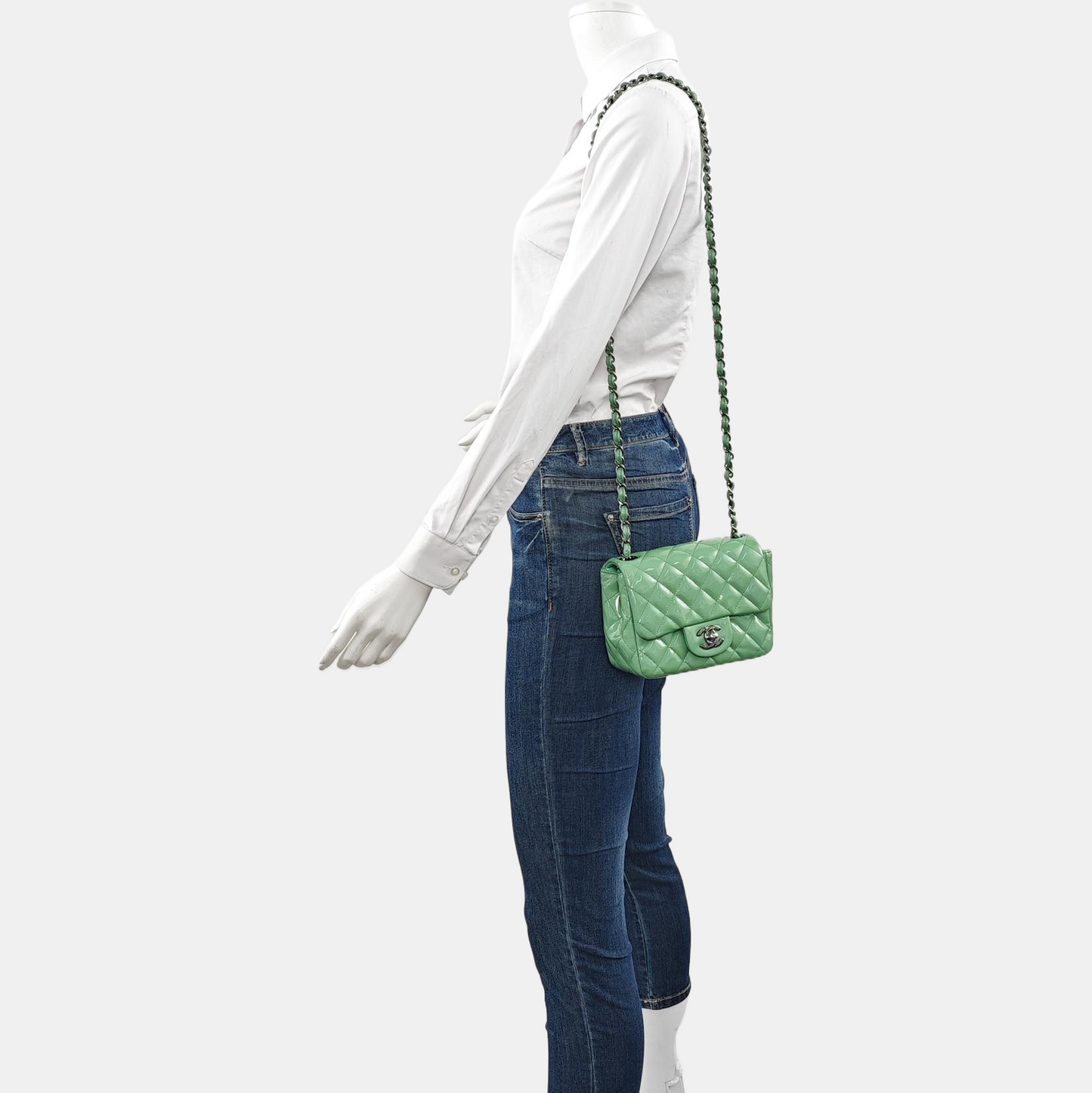 CHANEL CLASSIC FLAP Mini Green Patent Leather Diamond Quilted Square Crossbody Bag Shoulder Bag Silver Hardware 17 Opening-(SKU)-961809465