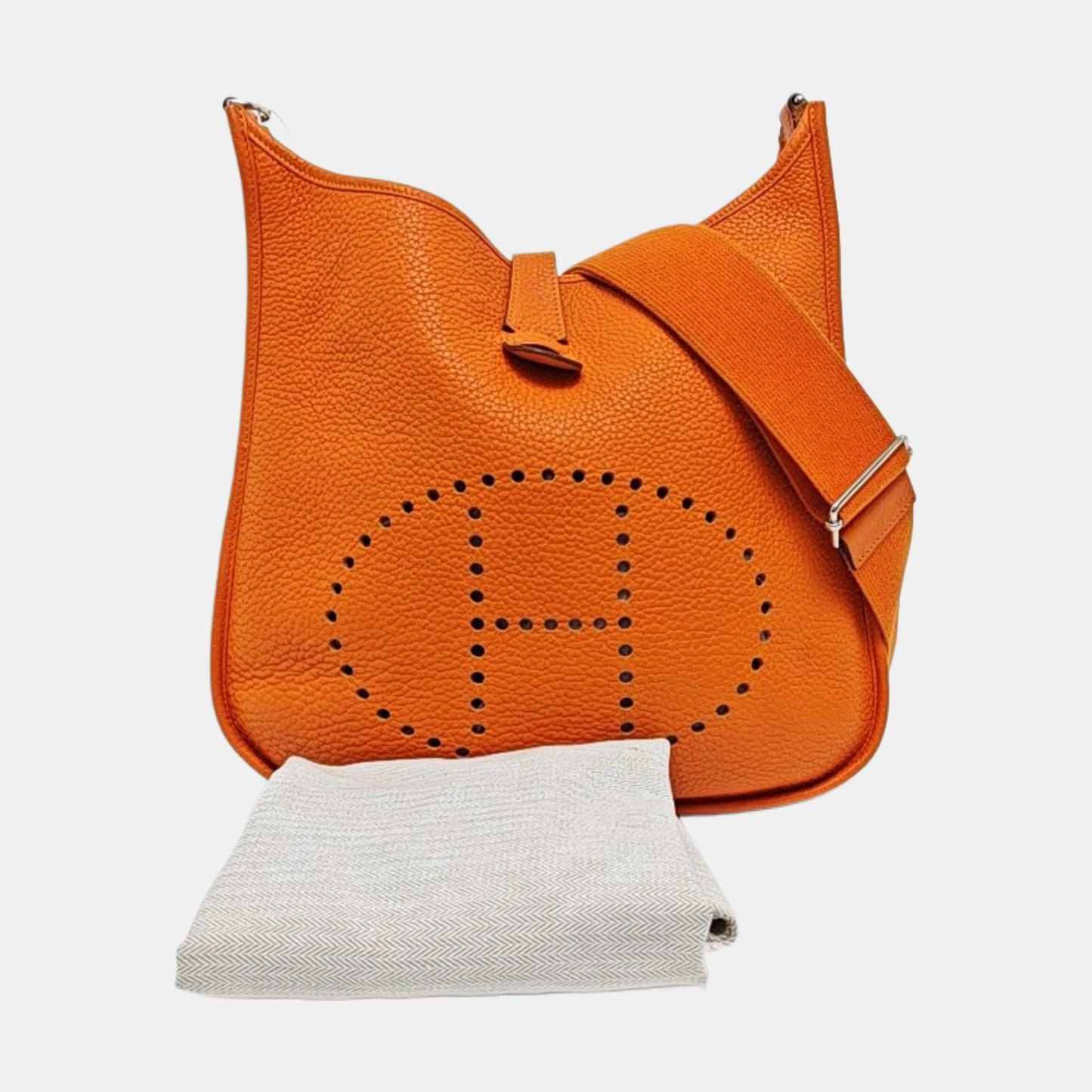 HERMÈS Evelyne GM Hermes orange Clemence leather Evelyne GM bag crossbody bag with handle, silver hardware, embossed H, removable shoulder strap-(SKU)-961912745