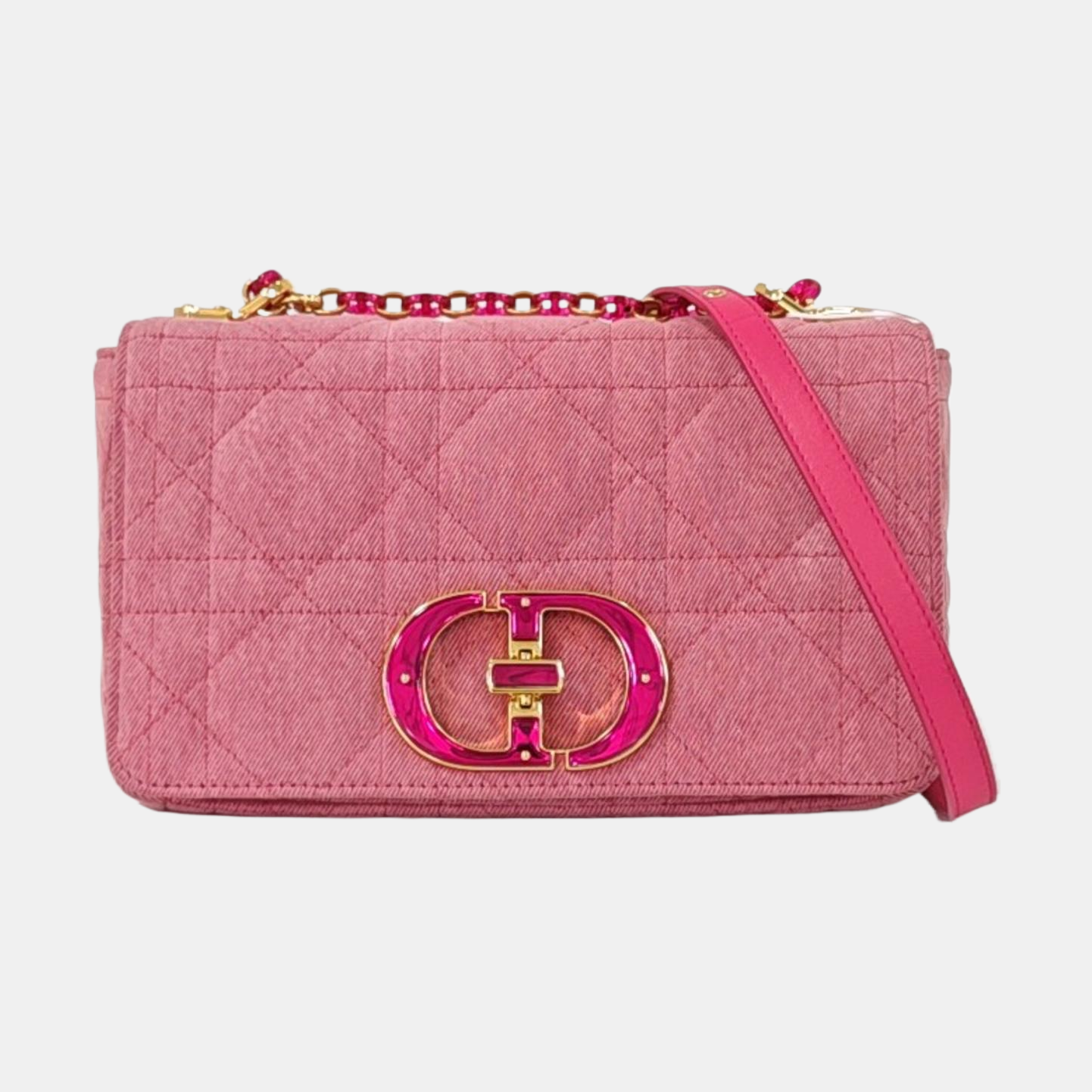 DIOR Dior Caro Medium Pink Denim Quilted Bag Crossbody Shoulder Bag Gold Red Hardware Removable Strap-(SKU)-961770509