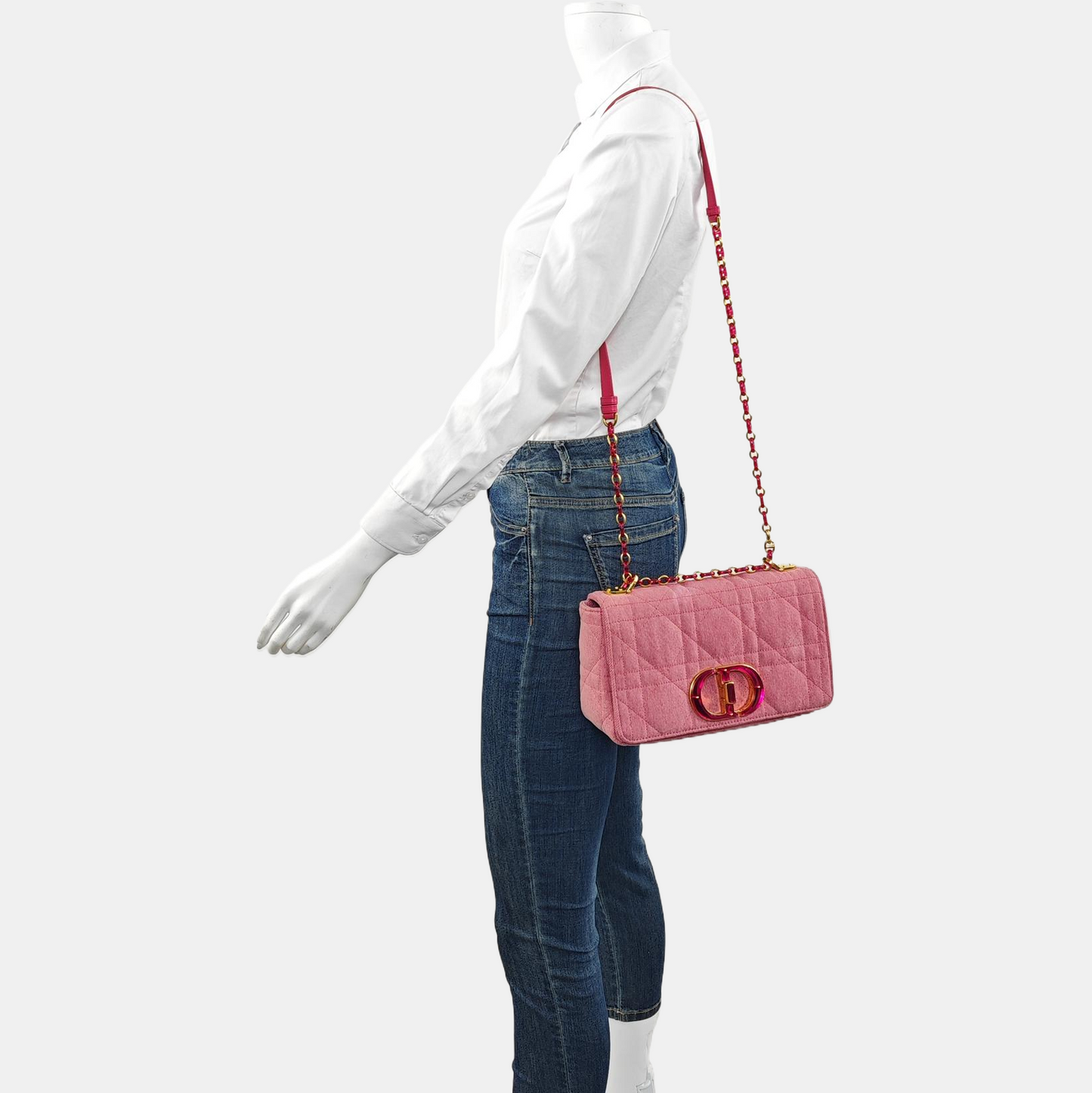 DIOR Dior Caro Medium Pink Denim Quilted Bag Crossbody Shoulder Bag Gold Red Hardware Removable Strap-(SKU)-961770509