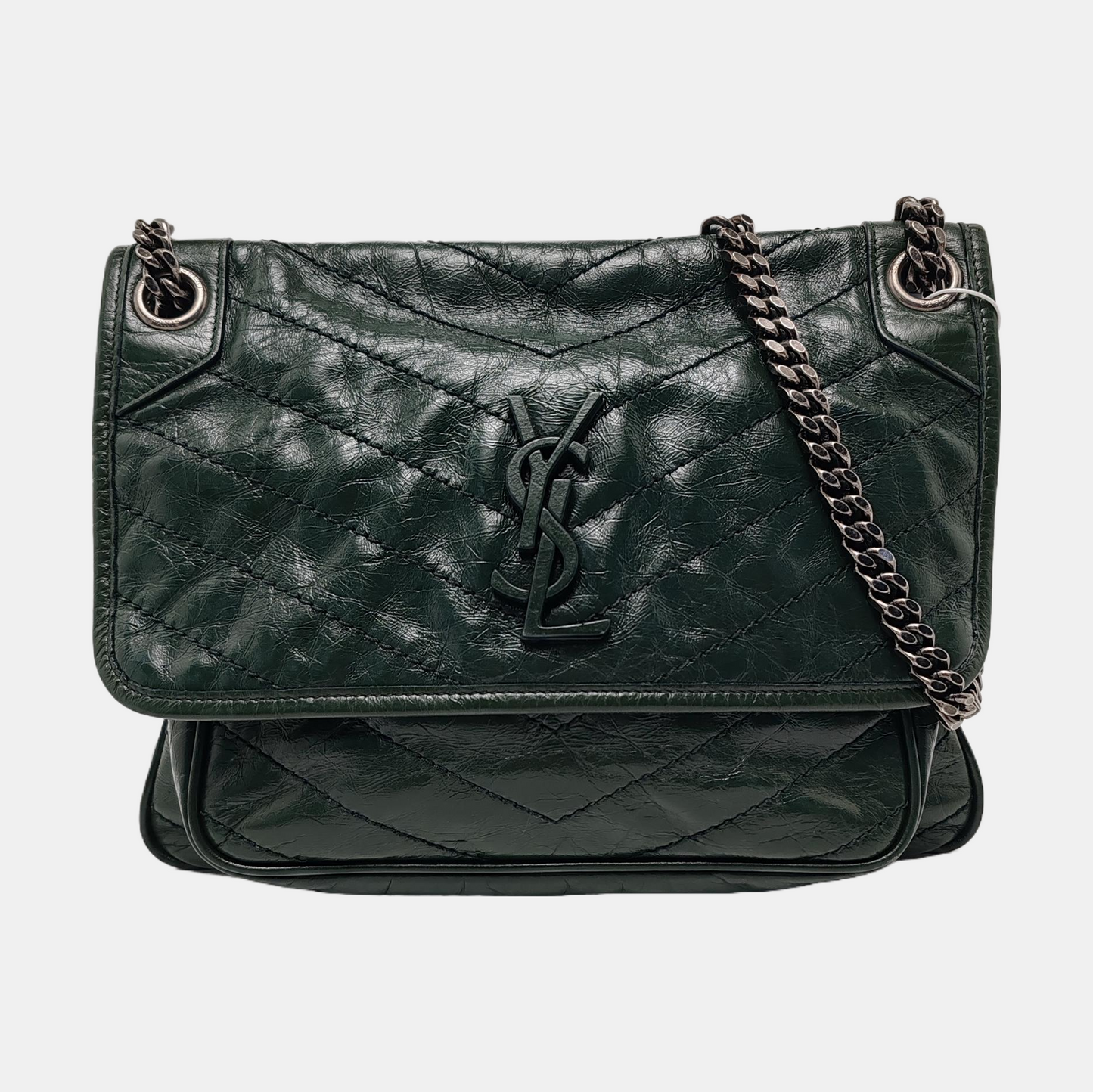 YSL NIKI Medium Size Dark Green Calf Leather V-Stitch Crinkle Single Shoulder Bag Crossbody Bag Black Hardware-(SKU)-961734723
