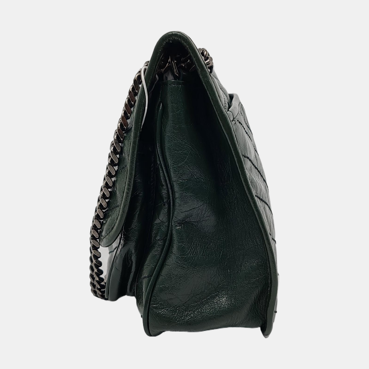 YSL NIKI Medium Size Dark Green Calf Leather V-Stitch Crinkle Single Shoulder Bag Crossbody Bag Black Hardware-(SKU)-961734723