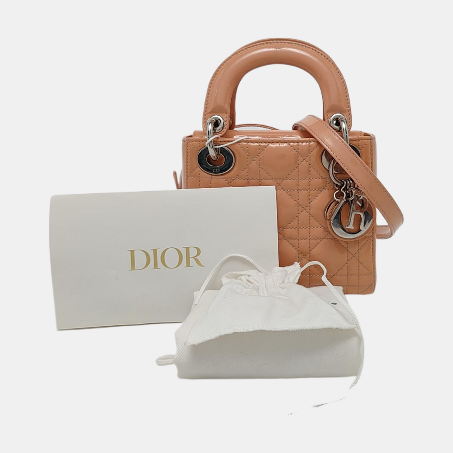 DIOR Lady Dior Mini Khaki Patent Leather Cannage Quilted Hobo Shoulder Bag Handbag Crossbody Bag 18 Clasp Silver Hardware Removable Shoulder Strap-(SKU)-961779565
