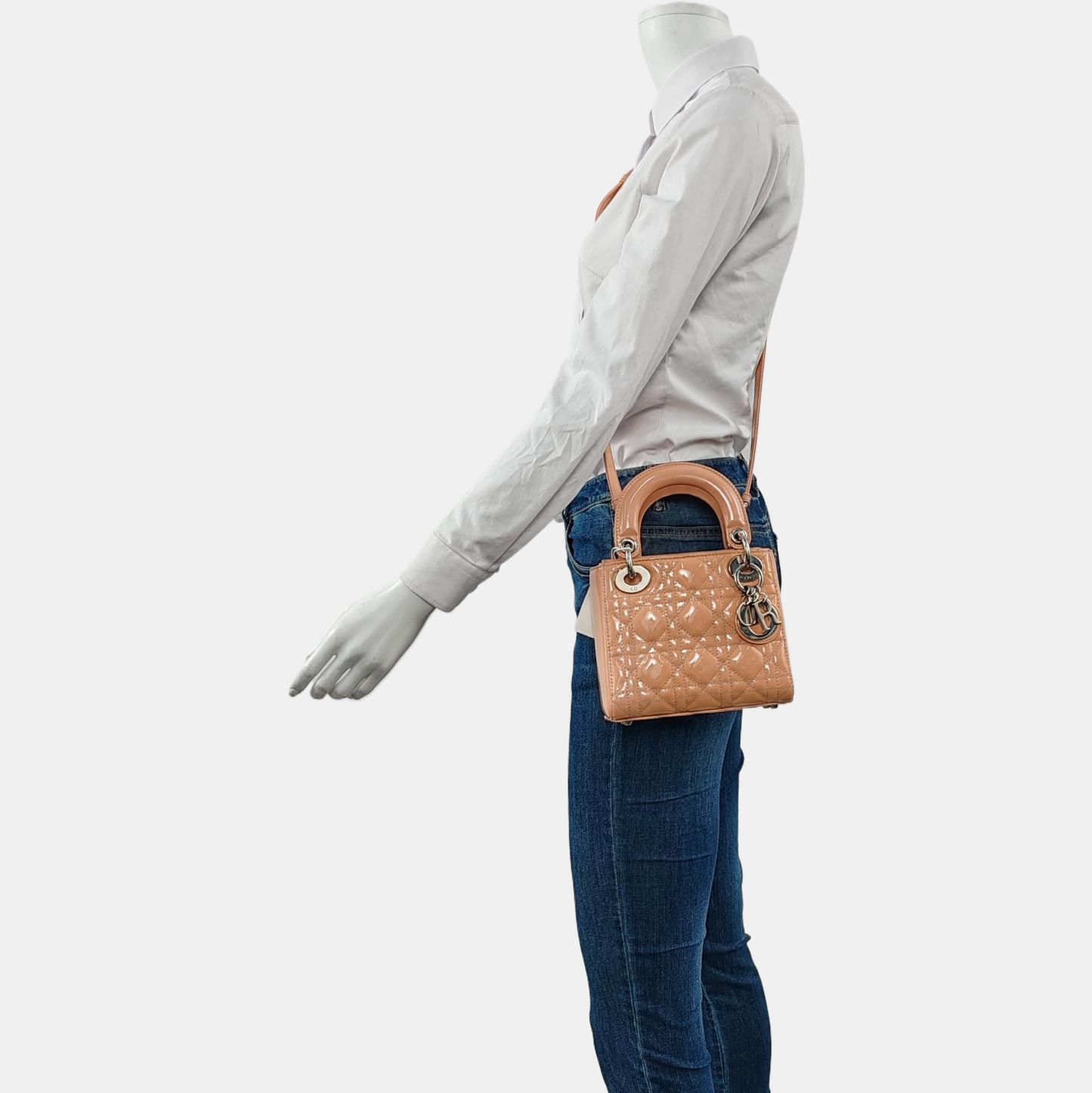 DIOR Lady Dior Mini Khaki Patent Leather Cannage Quilted Hobo Shoulder Bag Handbag Crossbody Bag 18 Clasp Silver Hardware Removable Shoulder Strap-(SKU)-961779565