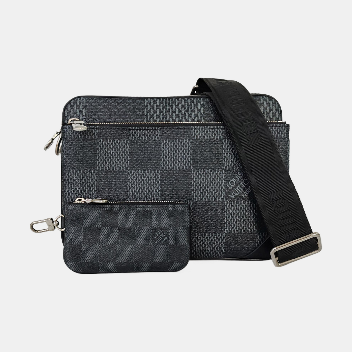 LOUIS VUITTON TRIO Gray Calfskin Monogram Checkerboard 3-in-1 Shoulder Bag Tote Bag Silver Hardware Removable Strap-(SKU)-962206815