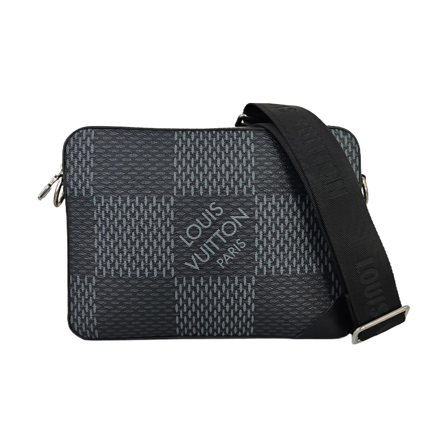 LOUIS VUITTON TRIO Gray Calfskin Monogram Checkerboard 3-in-1 Shoulder Bag Tote Bag Silver Hardware Removable Strap-(SKU)-962206815