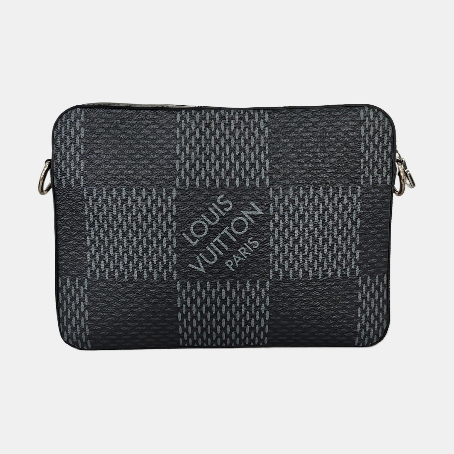 LOUIS VUITTON TRIO Gray Calfskin Monogram Checkerboard 3-in-1 Shoulder Bag Tote Bag Silver Hardware Removable Strap-(SKU)-962206815