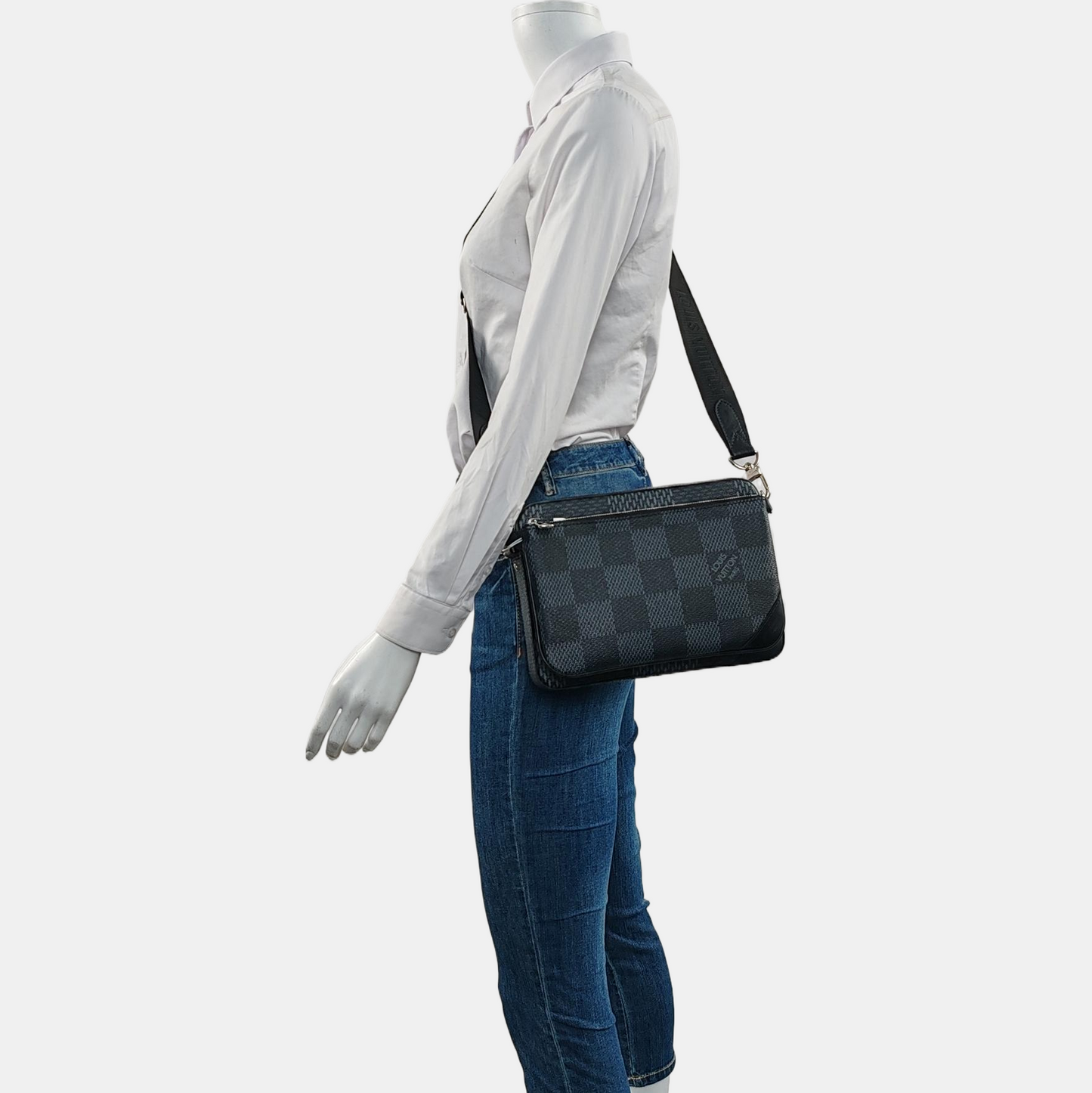 LOUIS VUITTON TRIO Gray Calfskin Monogram Checkerboard 3-in-1 Shoulder Bag Tote Bag Silver Hardware Removable Strap-(SKU)-962206815