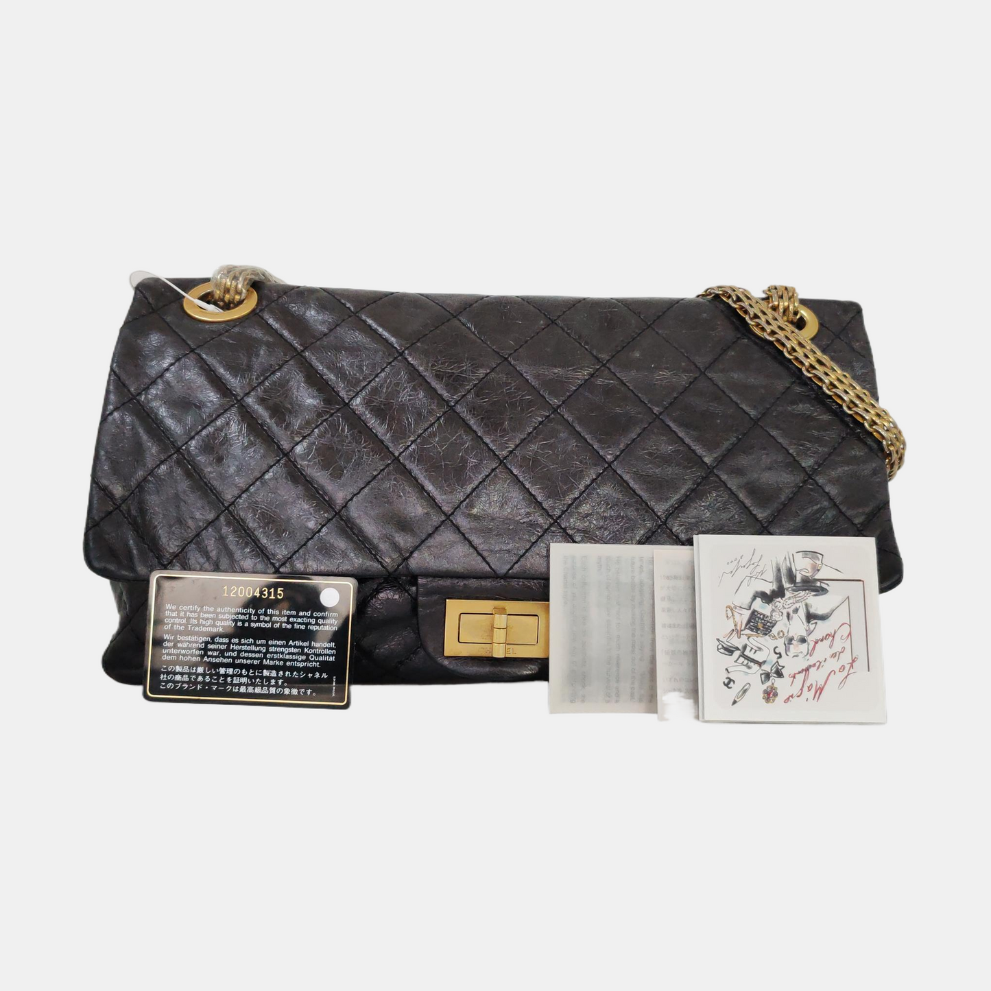 CHANEL 2.55 Black Calfskin Quilted Diamond Pattern Shoulder Bag Gold Hardware 12 Clasp-(SKU)-962208163