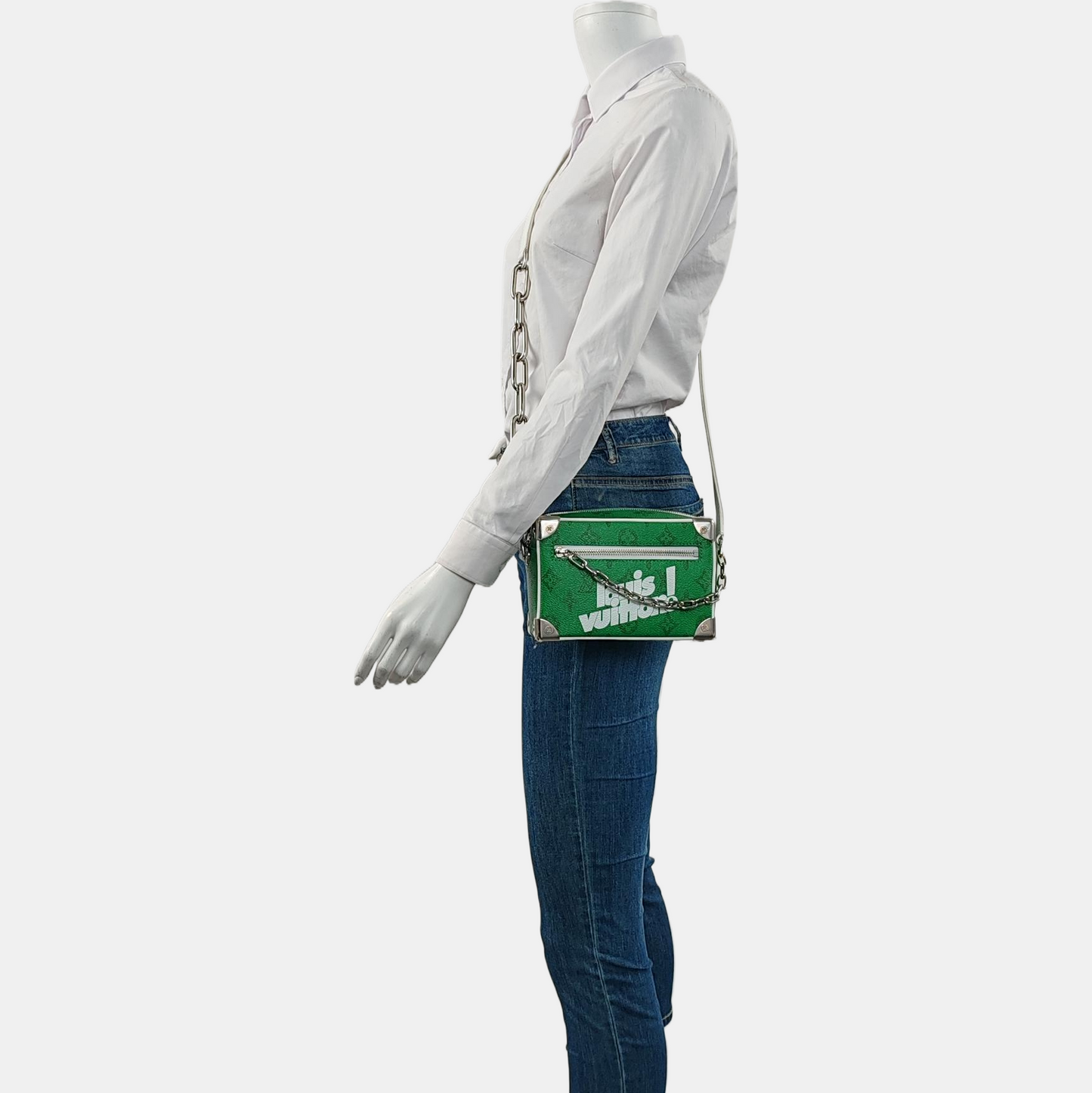 LOUIS VUITTON SOFT TRUNK Mini Green Coated Canvas Monogram Printed Crossbody Shoulder Bag Handbag with Silver Hardware-(SKU)-962207331