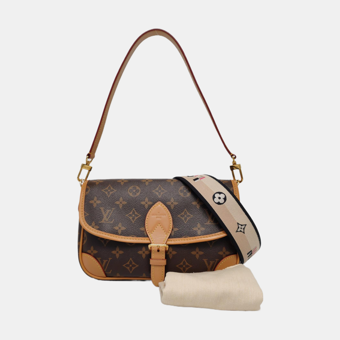 LOUIS VUITTON DIANE Medium Brown Coated Canvas Monogram Crossbody Bag Shoulder Bag Gold Hardware with 2 Detachable Straps-(SKU)-961056306