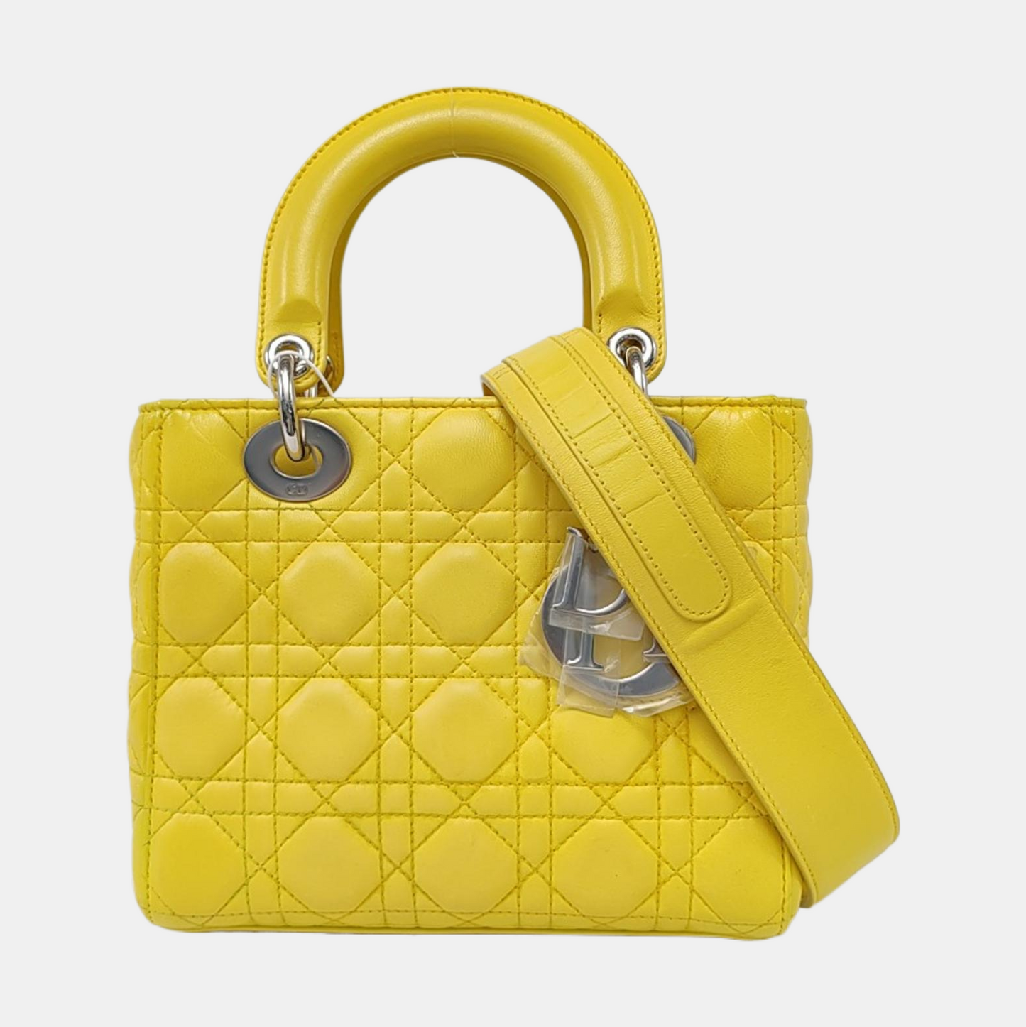 DIOR Lady Dior Small Size Yellow Lamb Skin Cannage Quilted Diaper Bag Crossbody Shoulder Bag Handbag Silver Hardware Removable Strap-(SKU)-962480744