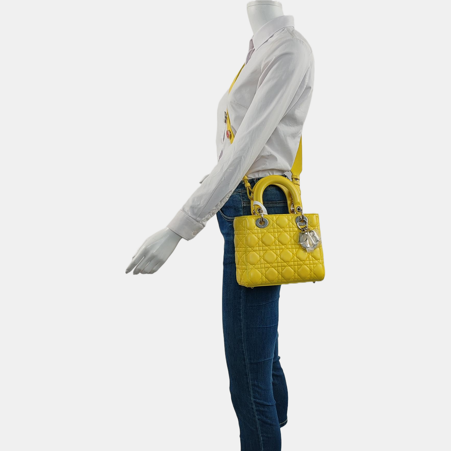 DIOR Lady Dior Small Size Yellow Lamb Skin Cannage Quilted Diaper Bag Crossbody Shoulder Bag Handbag Silver Hardware Removable Strap-(SKU)-962480744
