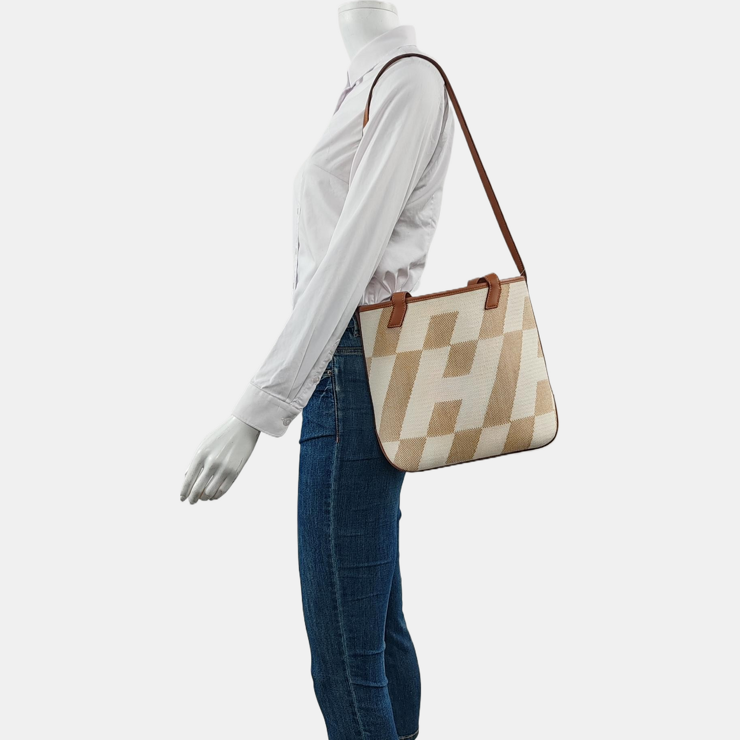 HERMÈS Cabas H En Biais 25 Glacier White Canvas Monogram Crossbody Shoulder Bag with Gold Hardware, Z-(SKU)-962766902