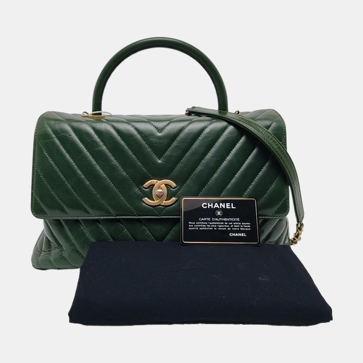 CHANEL COCO HANDLE Large Green Calfskin Quilted V Pattern Single Shoulder Bag Handbag Detachable Strap-(SKU)-963065464