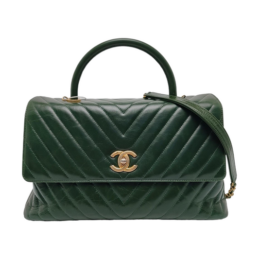 CHANEL COCO HANDLE Large Green Calfskin Quilted V Pattern Single Shoulder Bag Handbag Detachable Strap-(SKU)-963065464