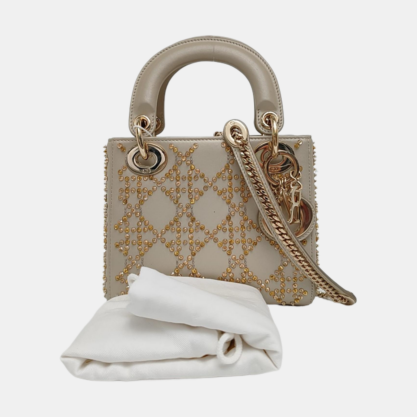 DIOR Lady Dior mini champagne lamb skin Cannage pattern three-compartment crossbody bag, shoulder bag with gold hardware and detachable strap-(SKU)-963332269