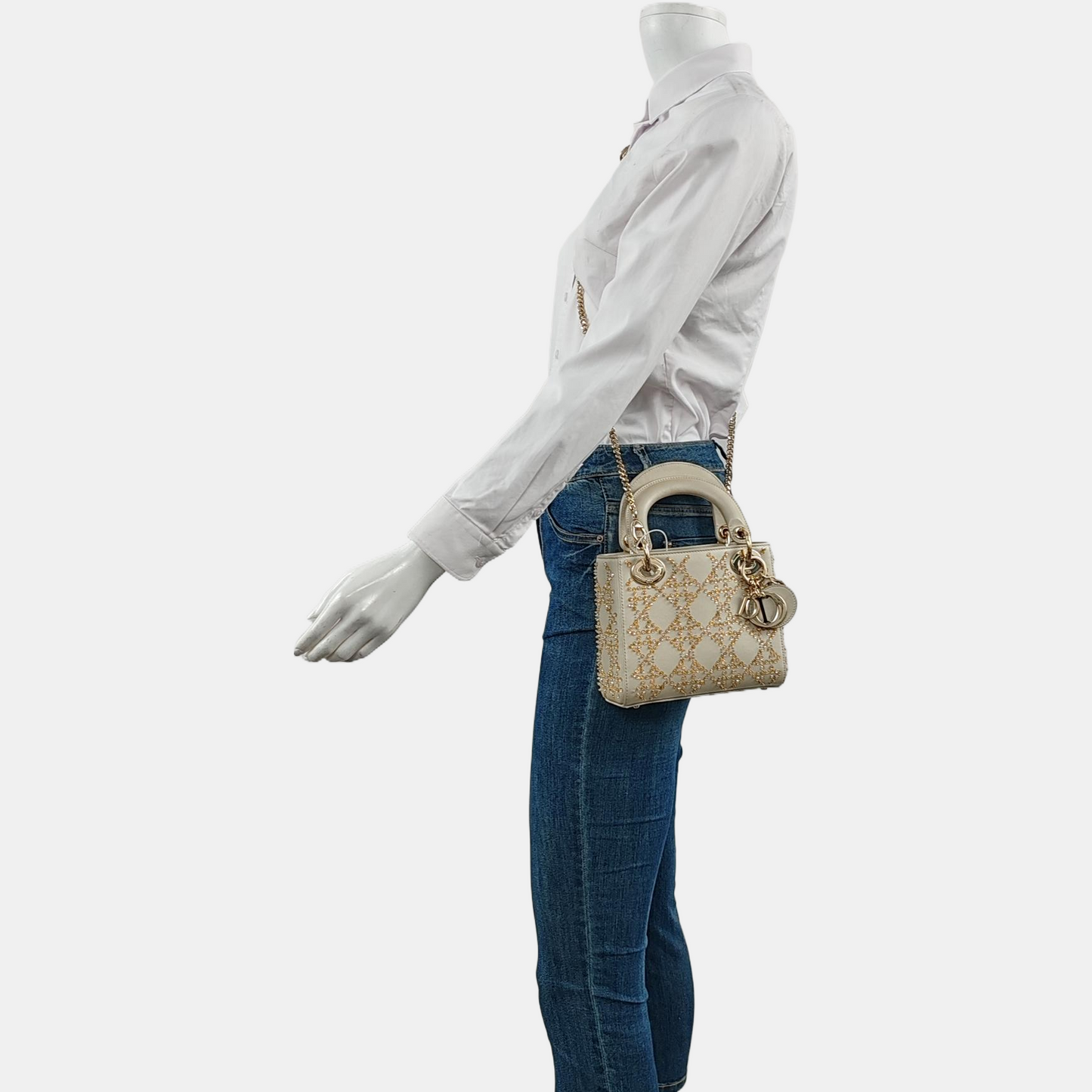 DIOR Lady Dior mini champagne lamb skin Cannage pattern three-compartment crossbody bag, shoulder bag with gold hardware and detachable strap-(SKU)-963332269