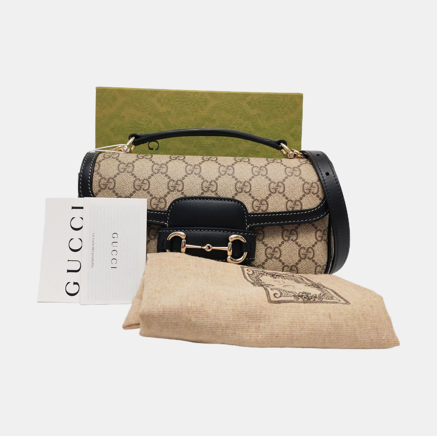 GUCCI Horsebit 1955 Small Size Beige Coated Canvas Monogram Horsebit Shoulder Bag Handbag Removable Strap Light Gold Hardware Complete Accessories-(SKU)-963431275