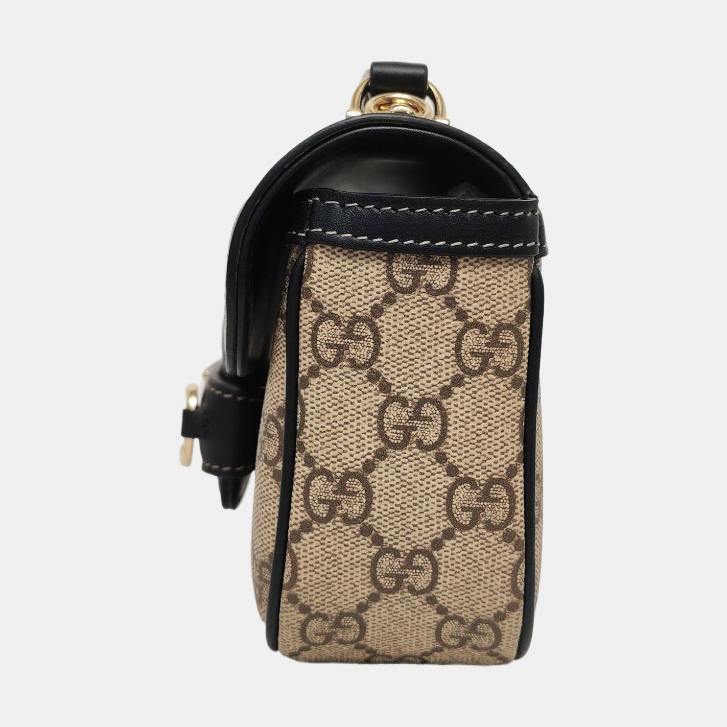 GUCCI Horsebit 1955 Small Size Beige Coated Canvas Monogram Horsebit Shoulder Bag Handbag Removable Strap Light Gold Hardware Complete Accessories-(SKU)-963431275