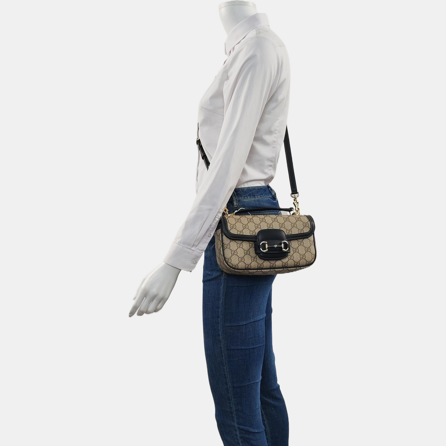 GUCCI Horsebit 1955 Small Size Beige Coated Canvas Monogram Horsebit Shoulder Bag Handbag Removable Strap Light Gold Hardware Complete Accessories-(SKU)-963431275