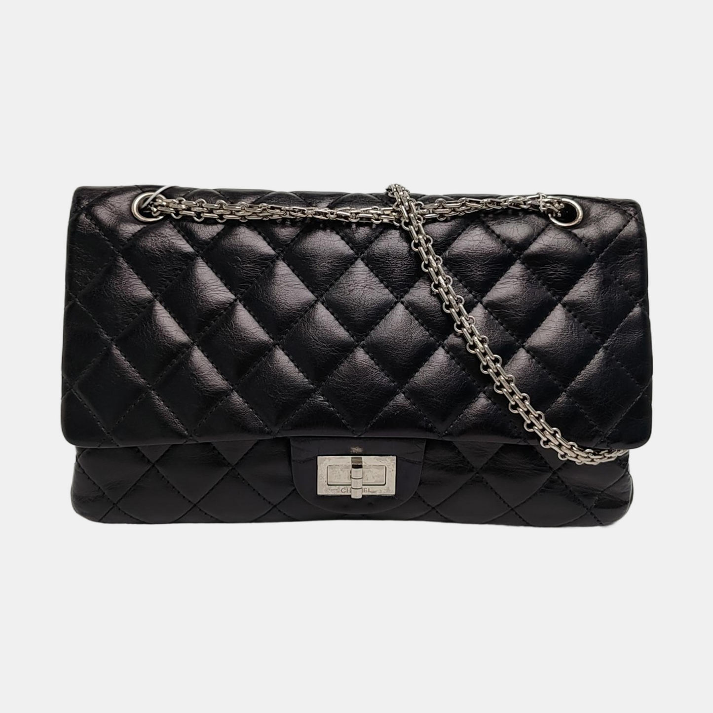CHANEL 2.55 Maxi Super Large Black Lamb Leather Quilted Single Shoulder Bag Tote Bag Palladium Hardware 14 Clasp-(SKU)-963460572