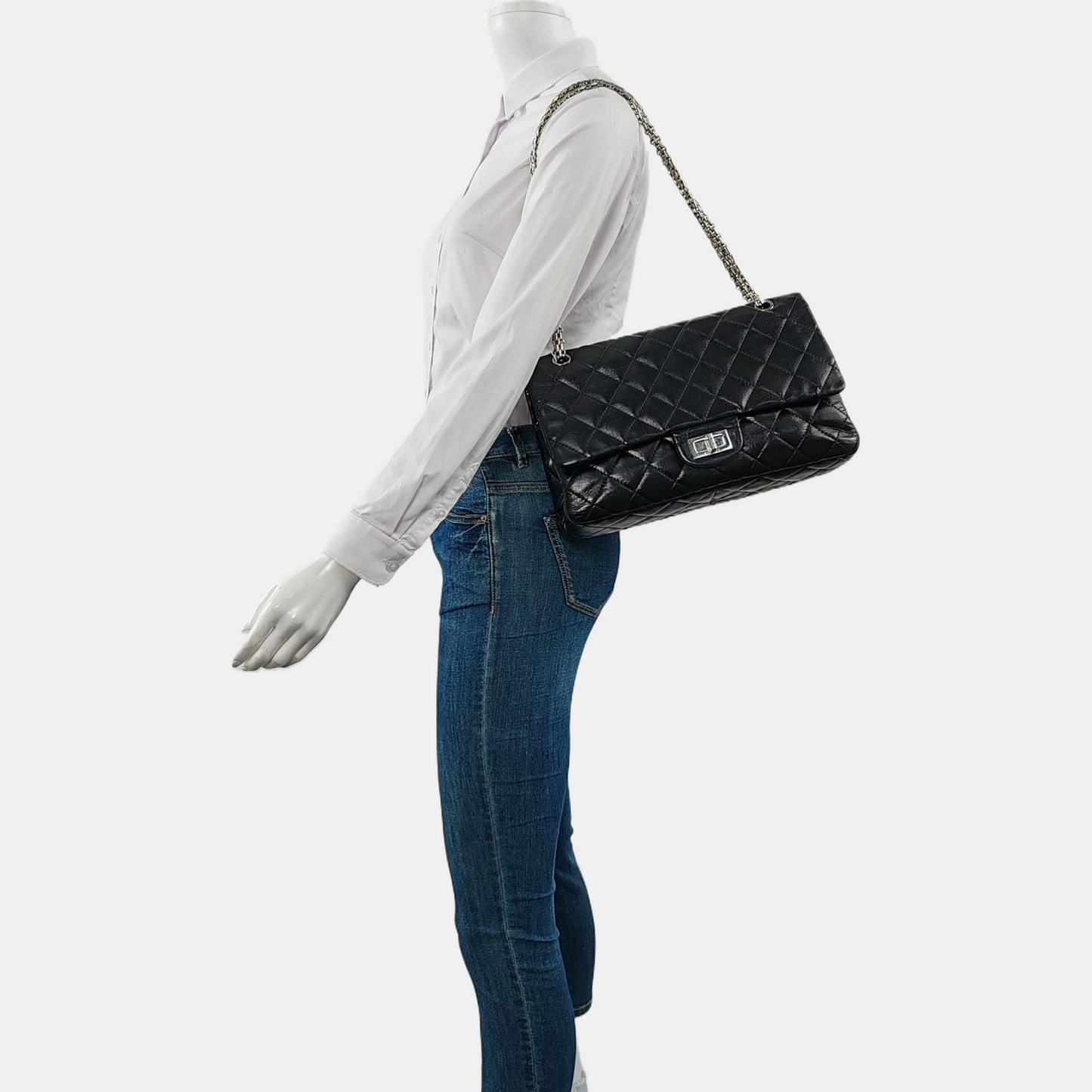 CHANEL 2.55 Maxi Super Large Black Lamb Leather Quilted Single Shoulder Bag Tote Bag Palladium Hardware 14 Clasp-(SKU)-963460572