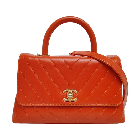 CHANEL COCO HANDLE Orange Calfskin Quilted V-Shape Bag with Golden Hardware, 24K, Detachable Strap-(SKU)-963432693