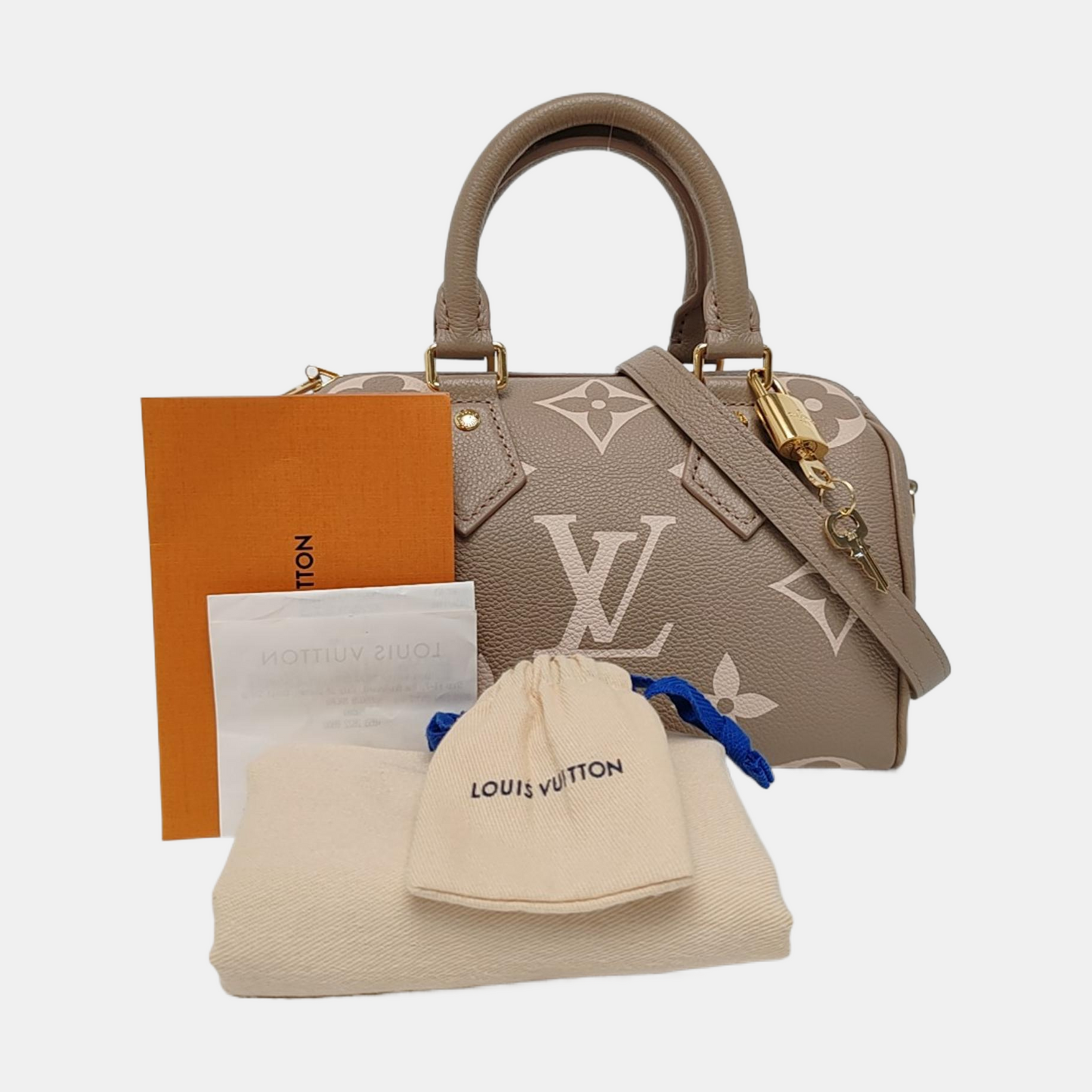 LOUIS VUITTON SPEEDY 20 Elephant Grey Leather Monogram Boston Bag with Gold Hardware, Detachable Strap-(SKU)-963649012
