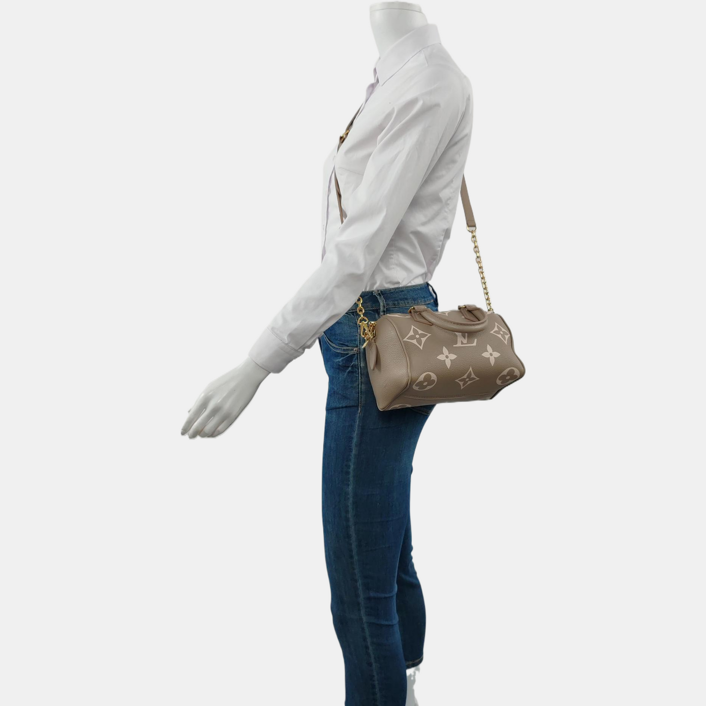 LOUIS VUITTON SPEEDY 20 Elephant Grey Leather Monogram Boston Bag with Gold Hardware, Detachable Strap-(SKU)-963649012